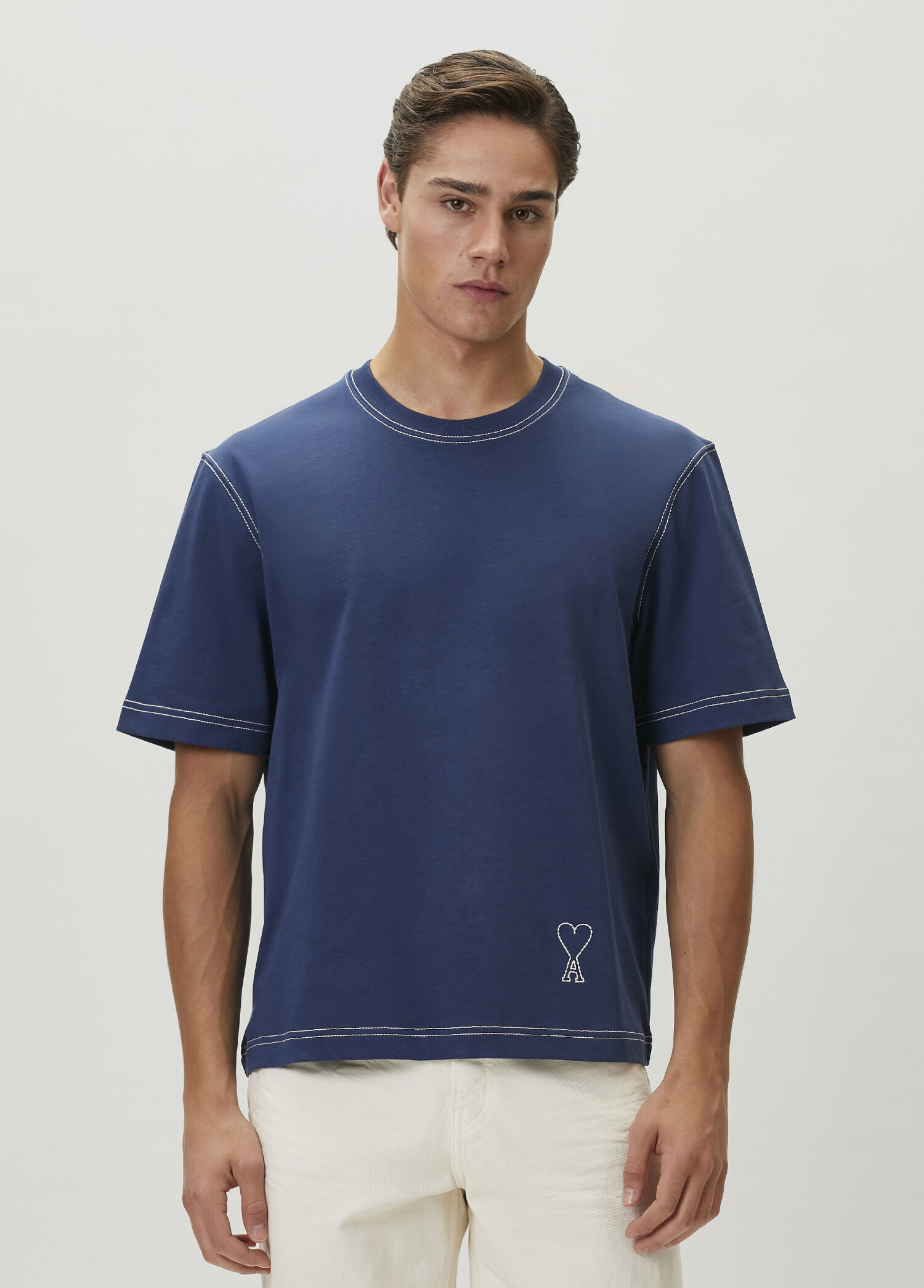 ami9622　0724 Ami Paris Lacivert Erkek Lacivert Dekoratif Dikişli T-shirt