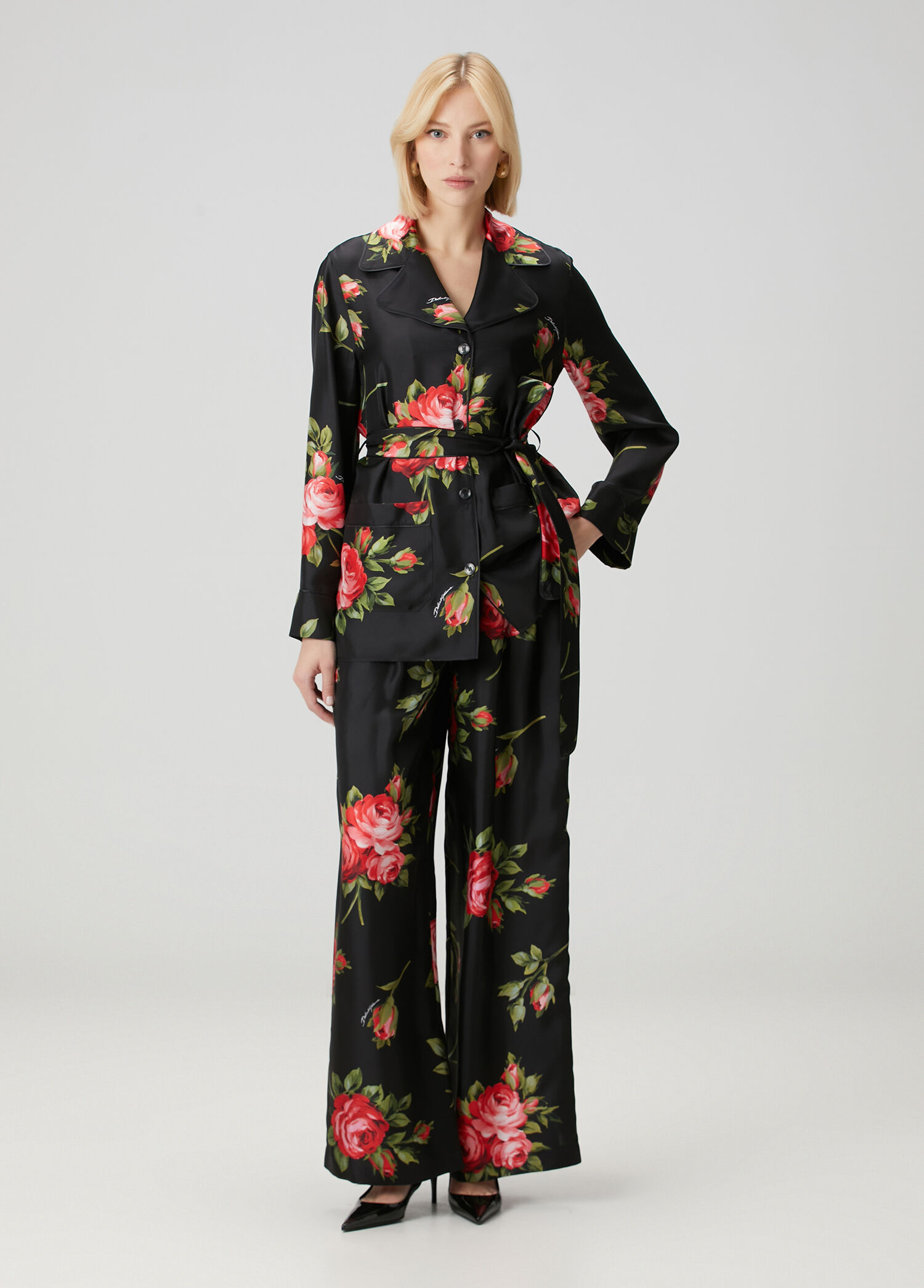 Kırmızı Çiçekli Twill İpek Pantolon