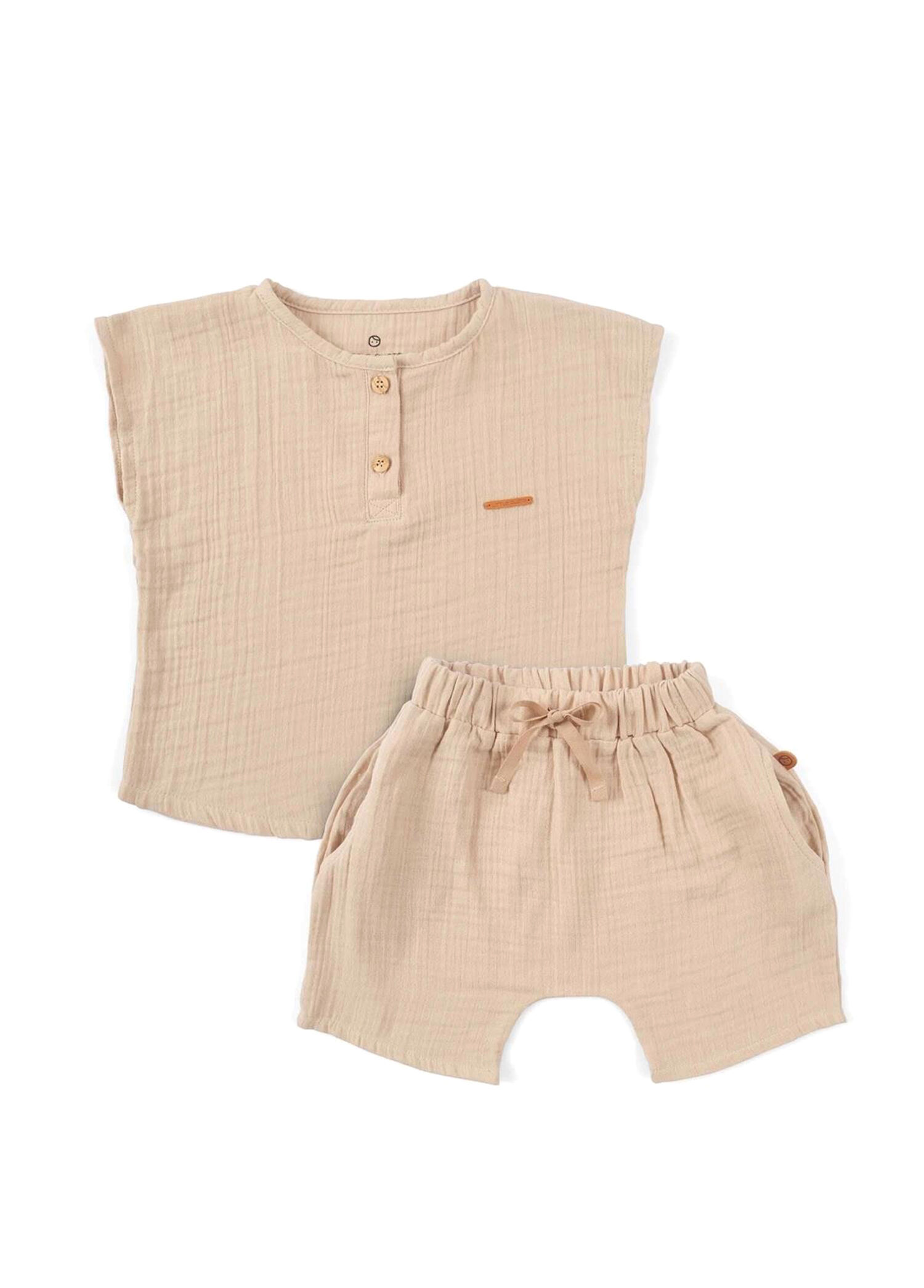 Bej Organik Pamuk Müslin Şort Bluz Unisex Bebek 2'li Set