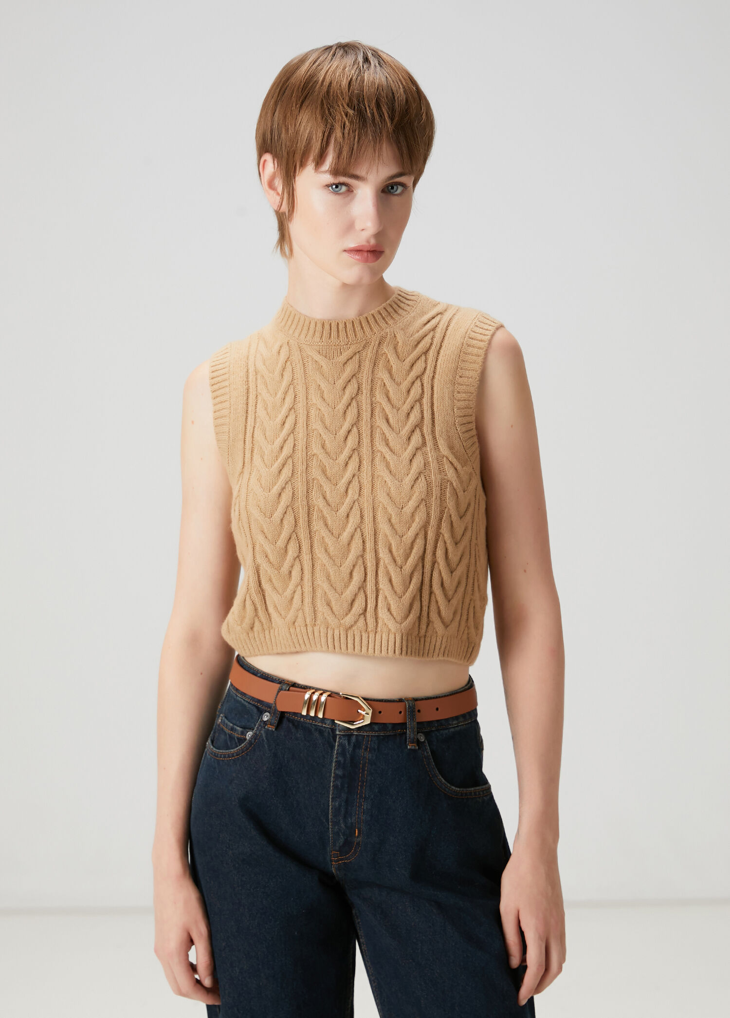 Camel Balıksırtı Örgü Crop Triko Süveter