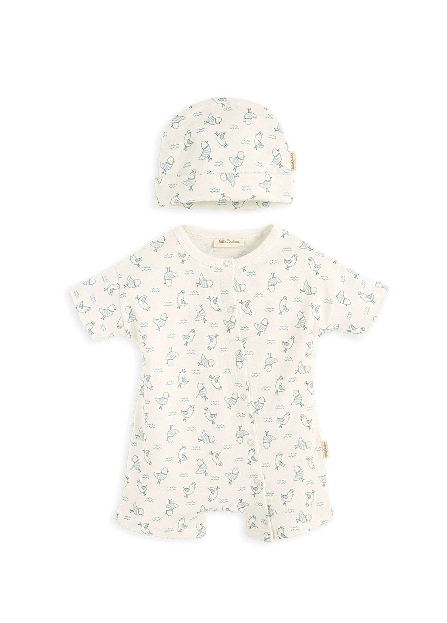 Sea Sıde Baskılı Ekru Kısa Kollu Tulum ve Şapka Unisex Bebek 2'li Set