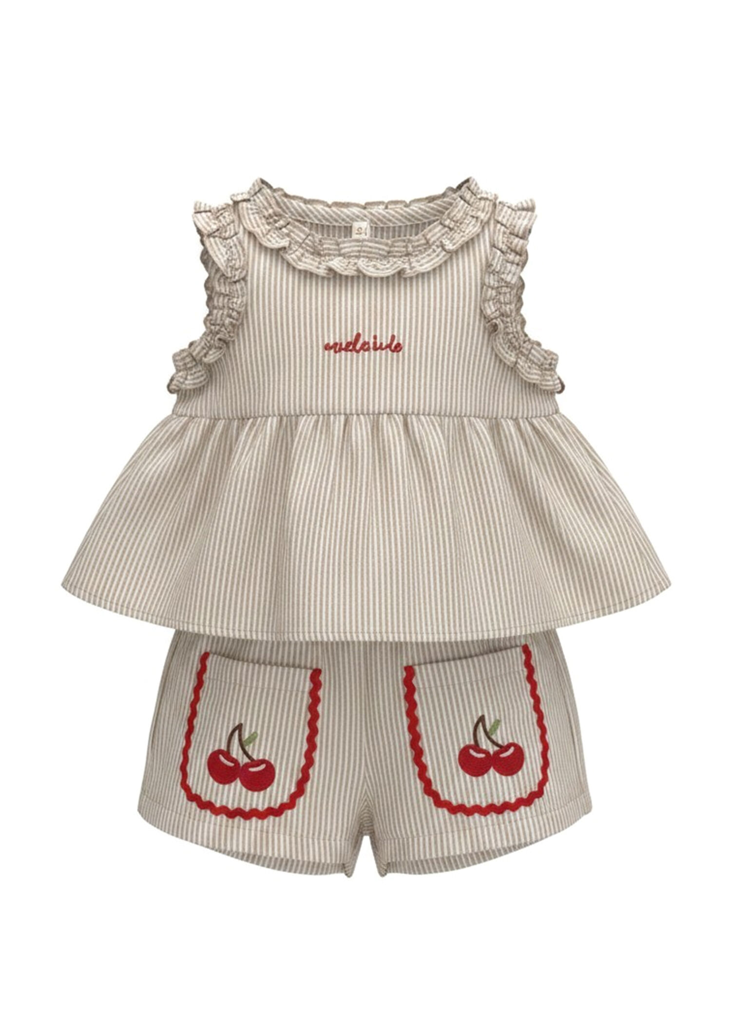 Fırfırlı Cherry Bej Bluz ve Şort Kız Çocuk 2'li Set