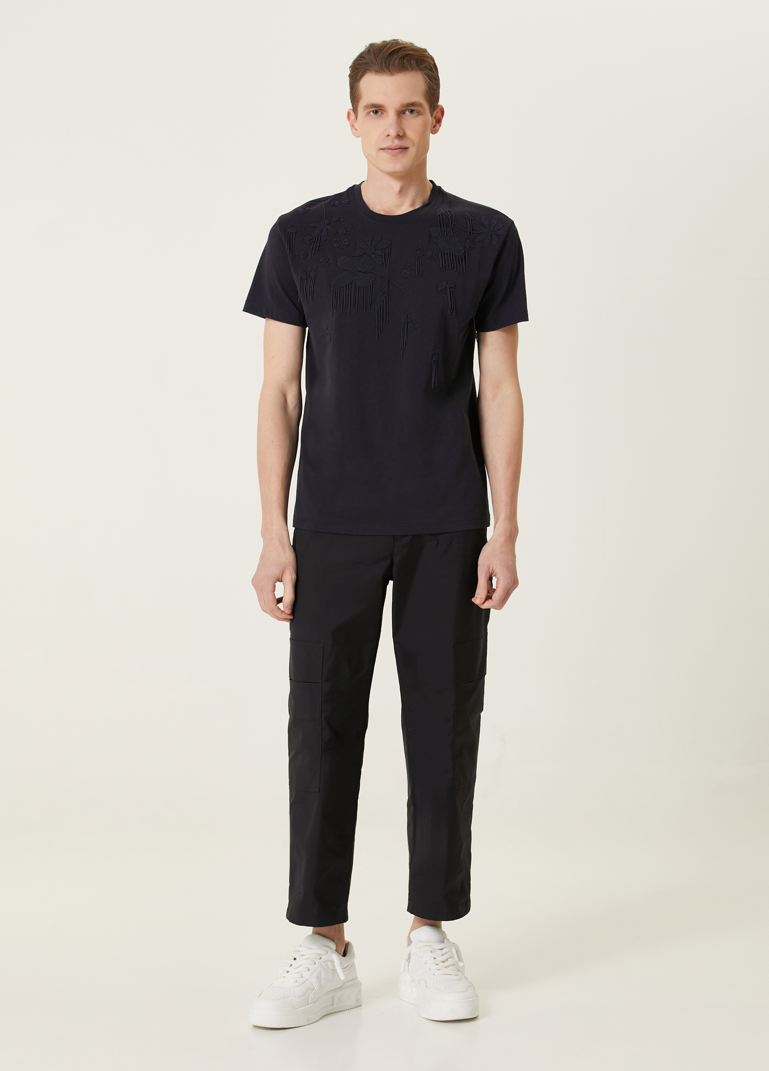 Valentino - Lacivert Taşlı Çiçek İşlemeli Püsküllü T-shirt - Lacivert