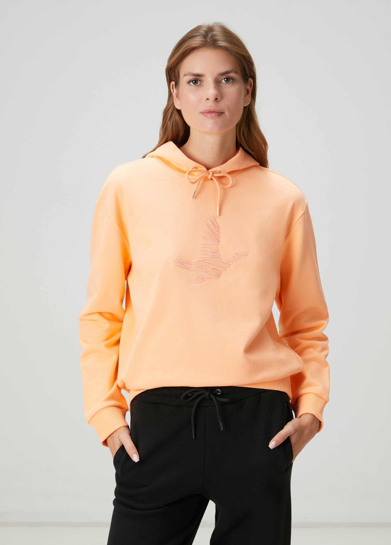 Şeftali Kapüşonlu Karalama Kuş Nakışlı Sweatshirt_3
