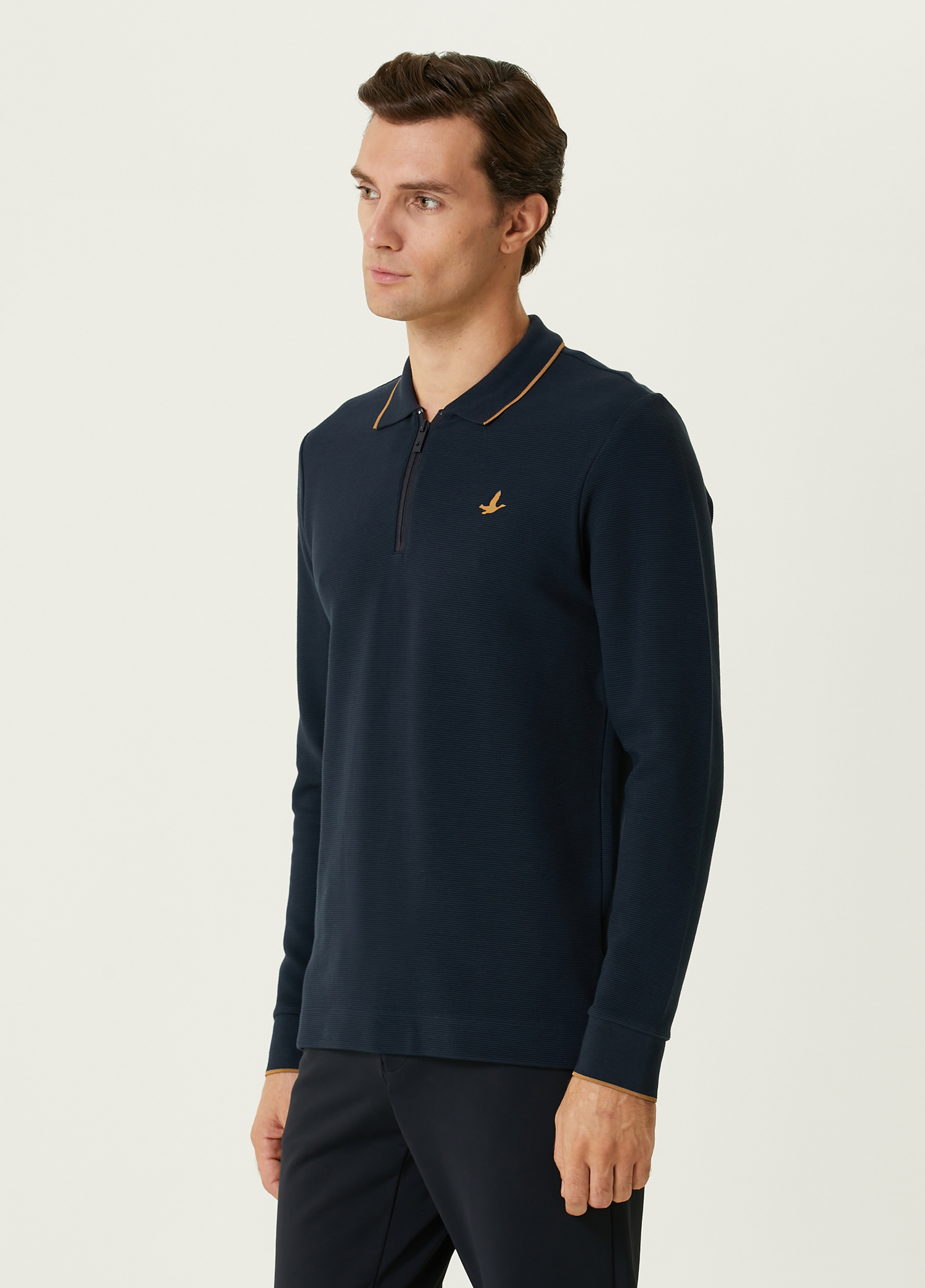 Slim Fit Lacivert Ottoman Dokulu Polo Sweatshirt_3