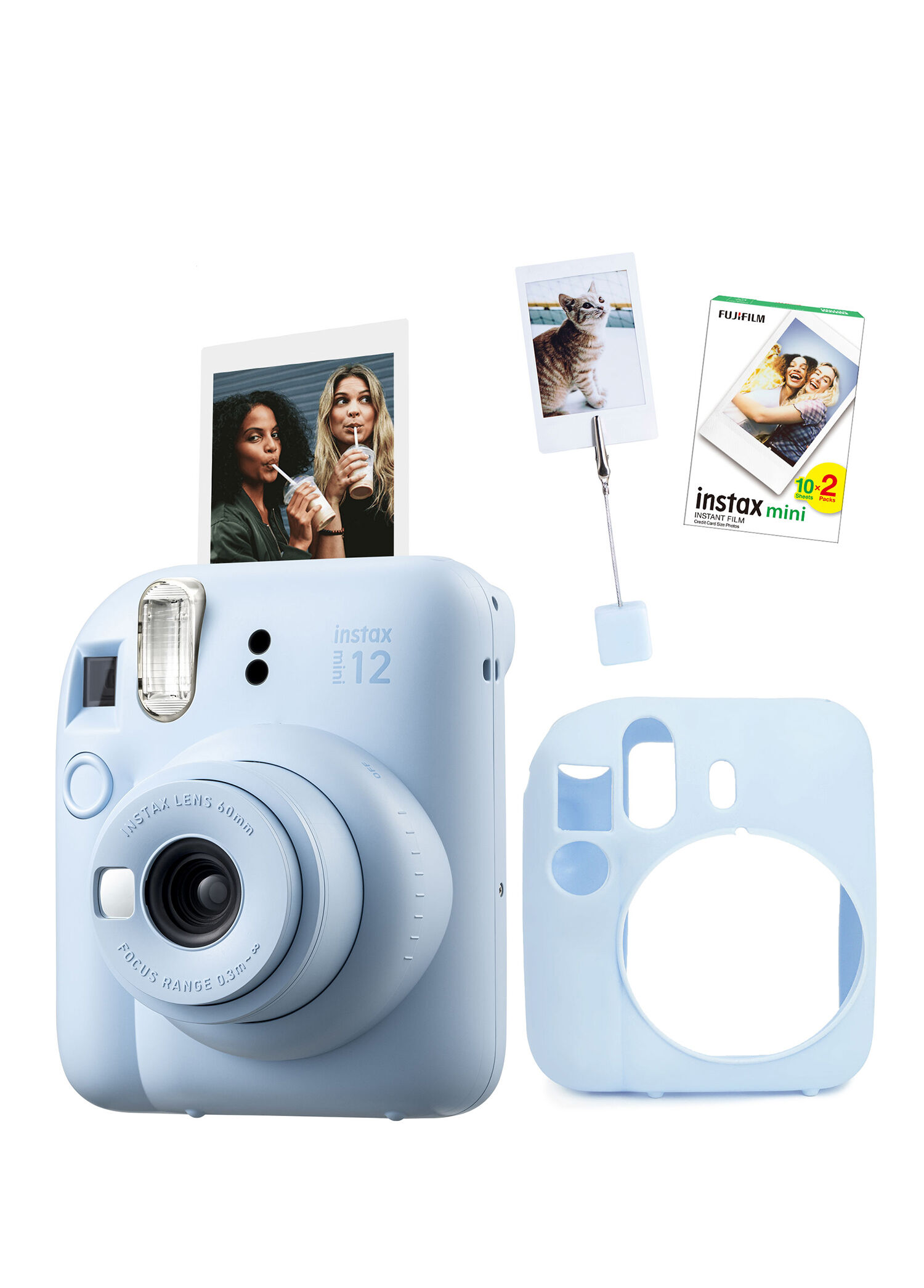 Instax Mini 12 Mavi Fotoğraf Makinesi + 20'li Film Kıskaçlı Resim Standı ve Silikon Kılıf Seti