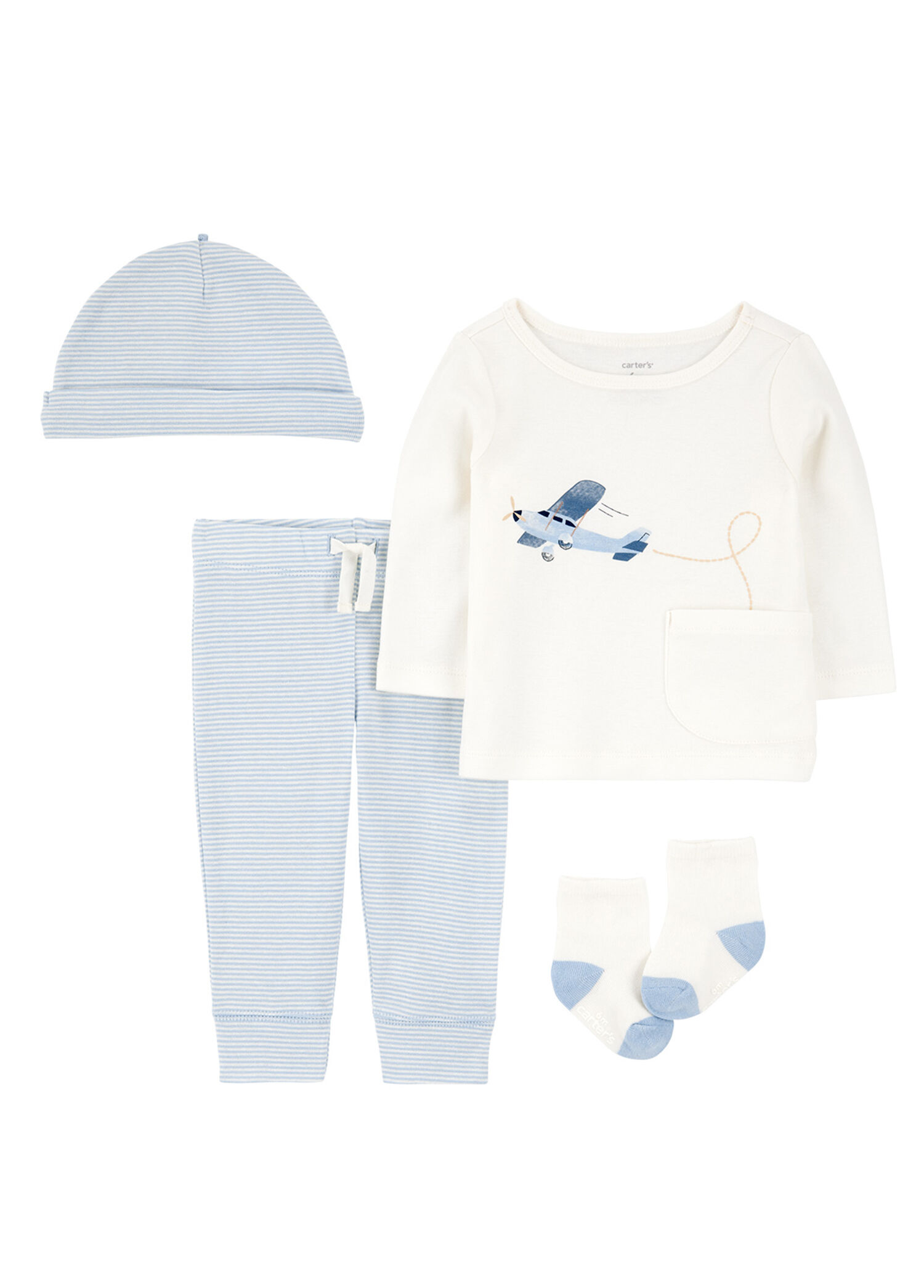 Mavi Uzun Kollu T-shirt Pantolon Şapka ve Çorap Erkek Bebek 4'lü Set