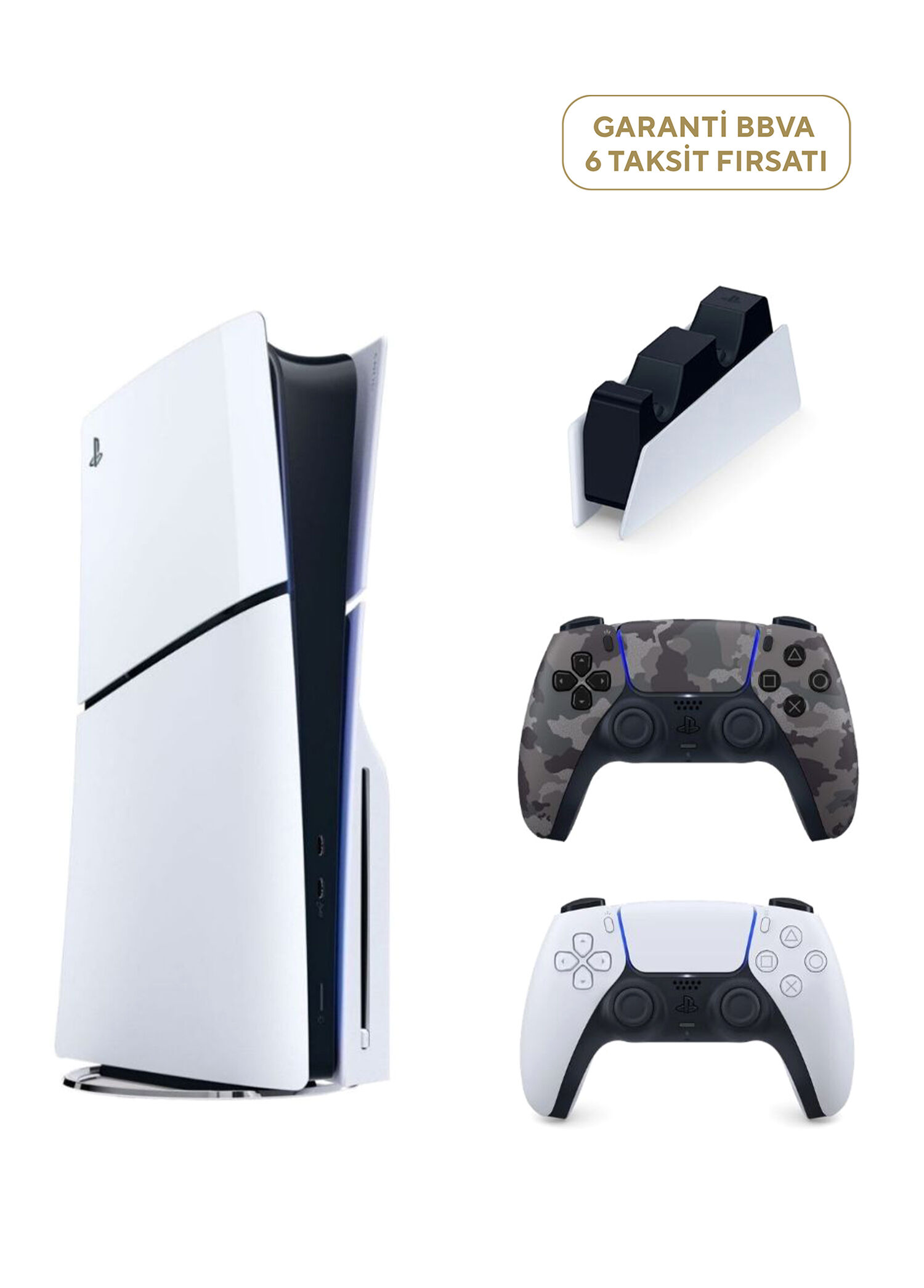 PlayStation 5 1 TB Slim CD Edition Oyun Konsolu + 2. PS5 Kol Camo Grey + PS5 Şarj İstasyonu