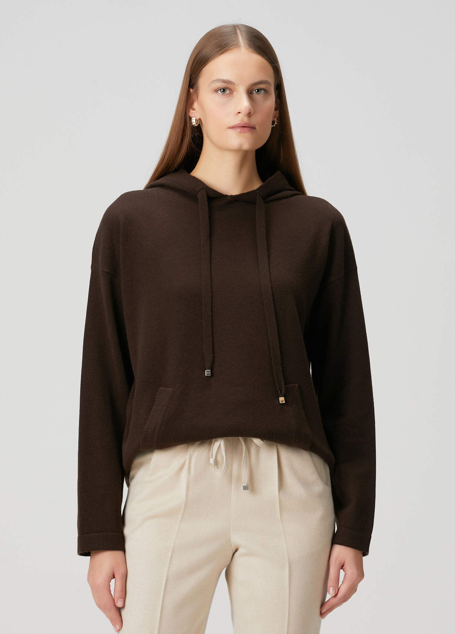 Koyu Kahverengi Kapüşonlu Kaşmir Sweatshirt
