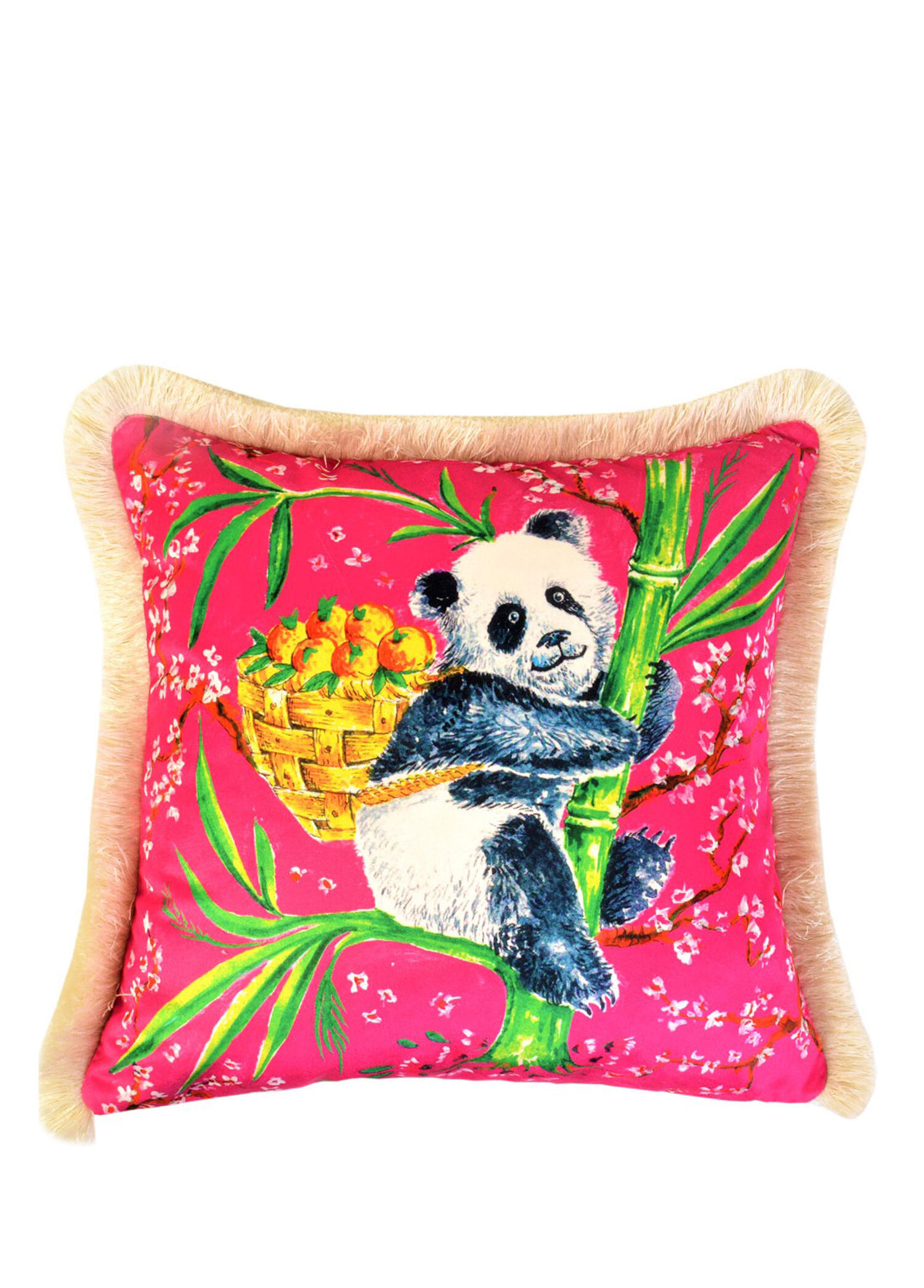 Ge Living - Panda Desenli Fuşya Kadife Dekoratif Kırlent Kılıfı 45 x 45 cm
