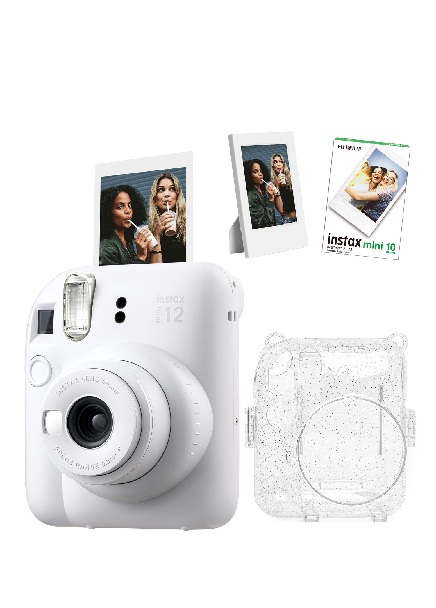 Instax Mini 12 Beyaz Fotoğraf Makinesi + 10'lu Film ve Simli Pleksi Kılıf Çerçeve Hediye Set