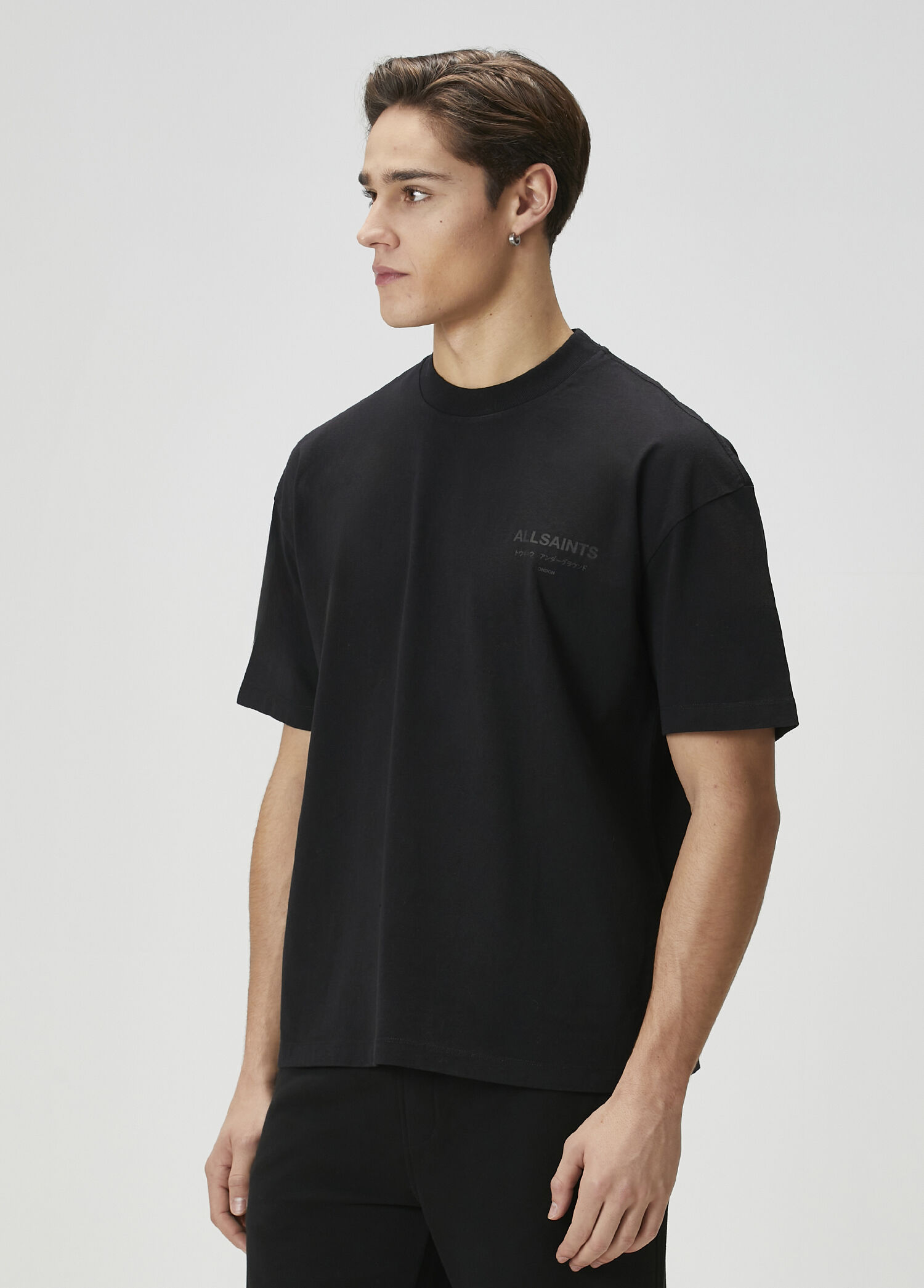 AllSaints Siyah-Leopar Erkek Underground Siyah Oversized T-shirt