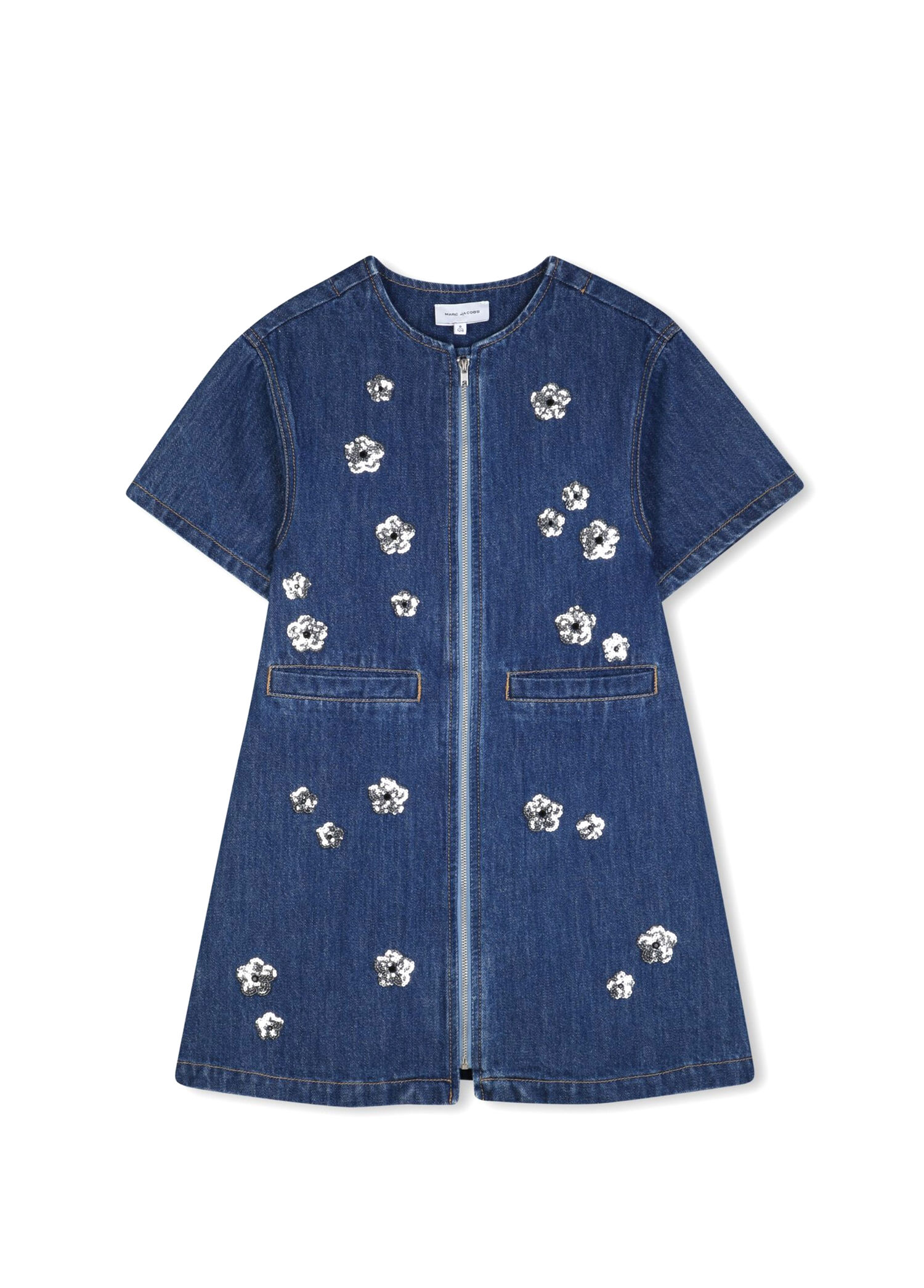 Mavi Çiçek İşlemeli Kız Çocuk Denim Elbise
