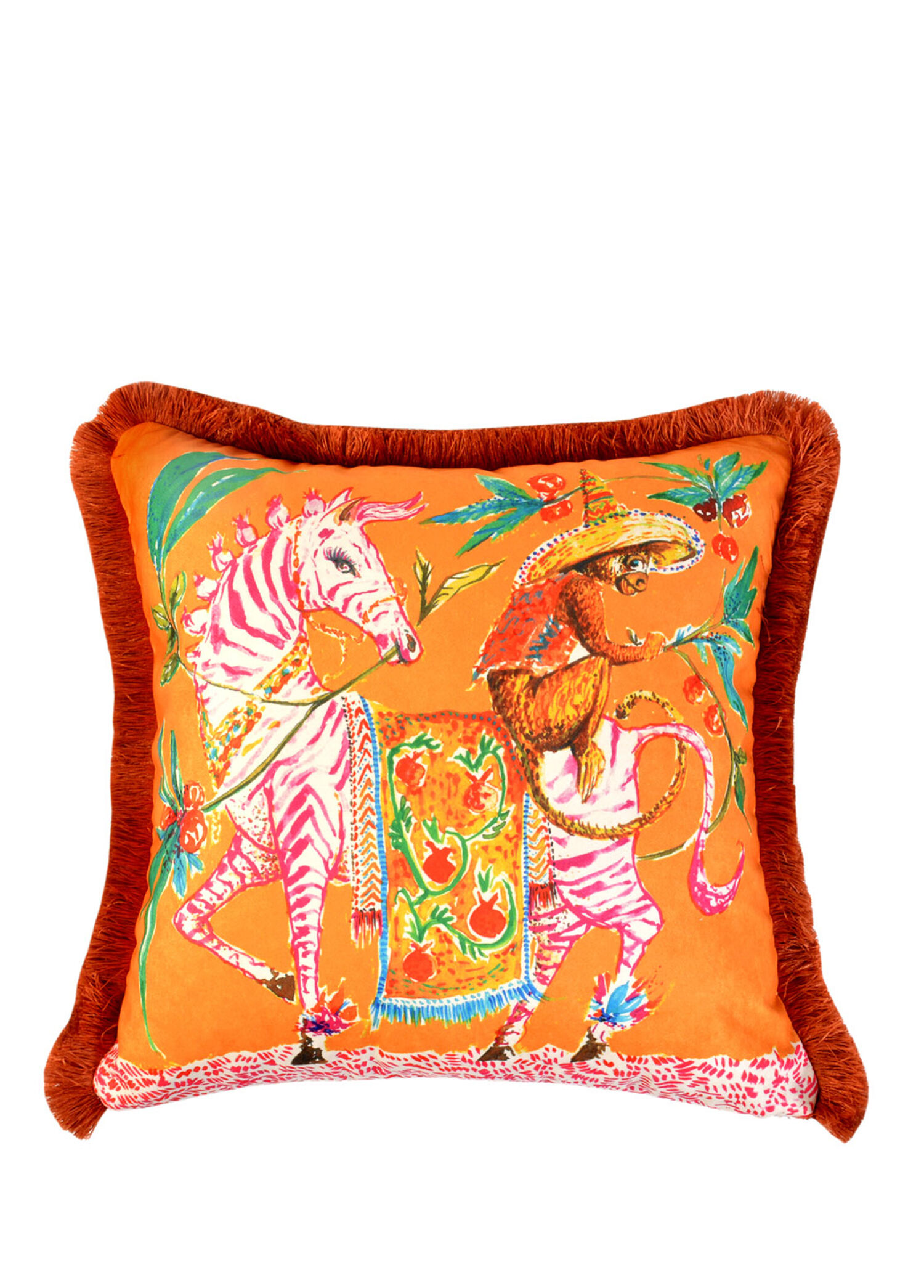 Pembe Zebra Desenli Turuncu Kadife Dekoratif Kırlent Kılıfı 45 x 45 cm