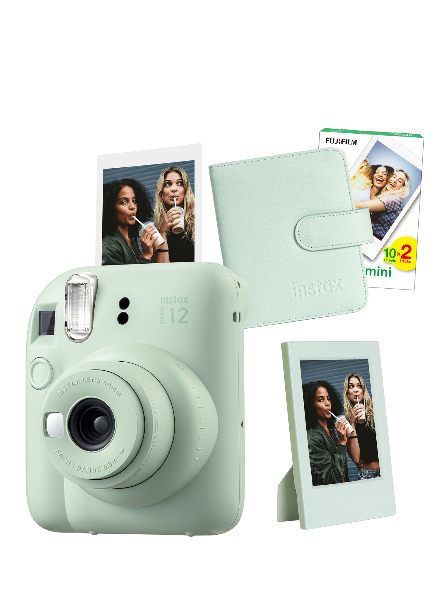 Instax Mini 12 Yeşil Fotoğraf Makinesi + 20'li Film Çerçeve ve Kare Albüm Seti