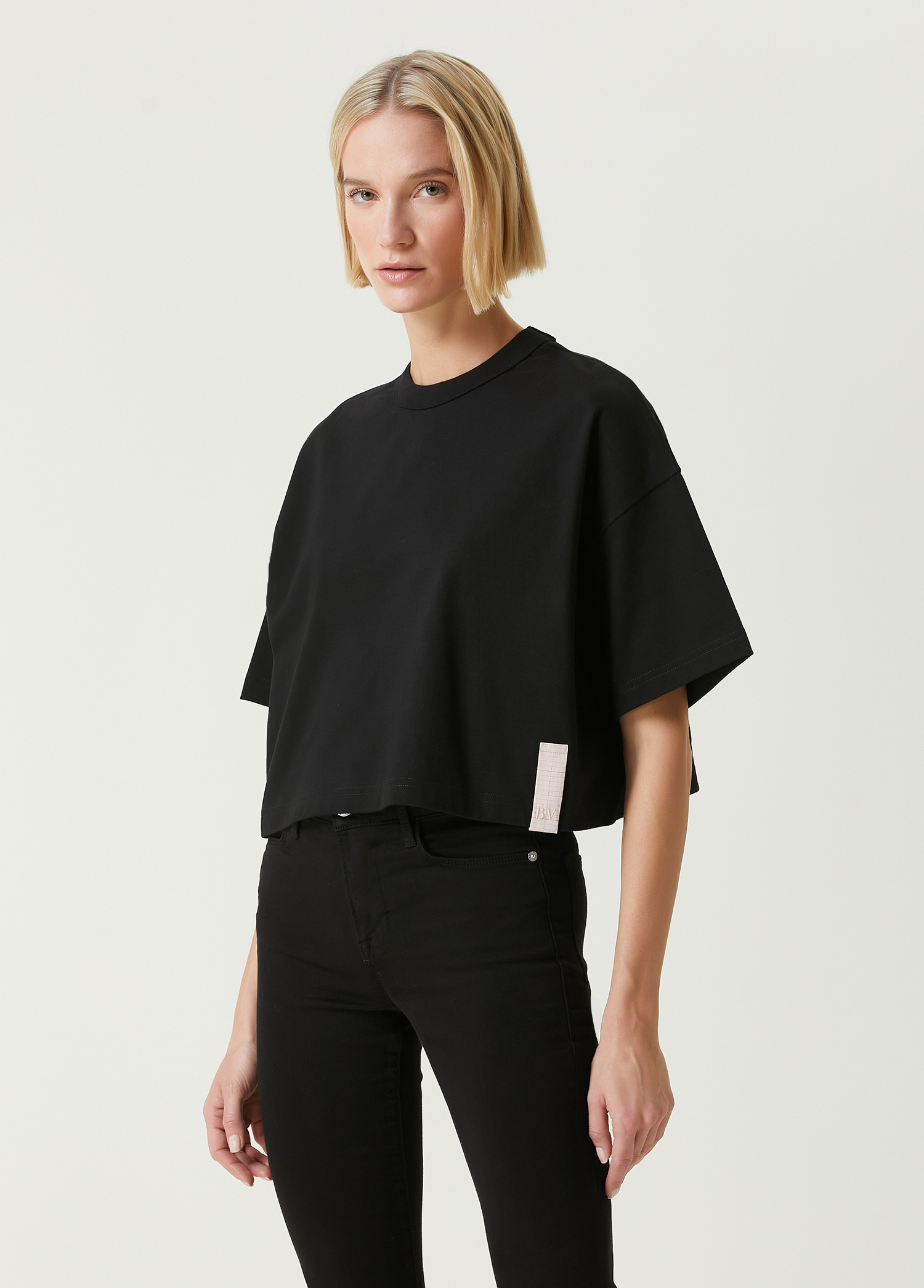 Pima Cotton Siyah Crop Jersey T-shirt