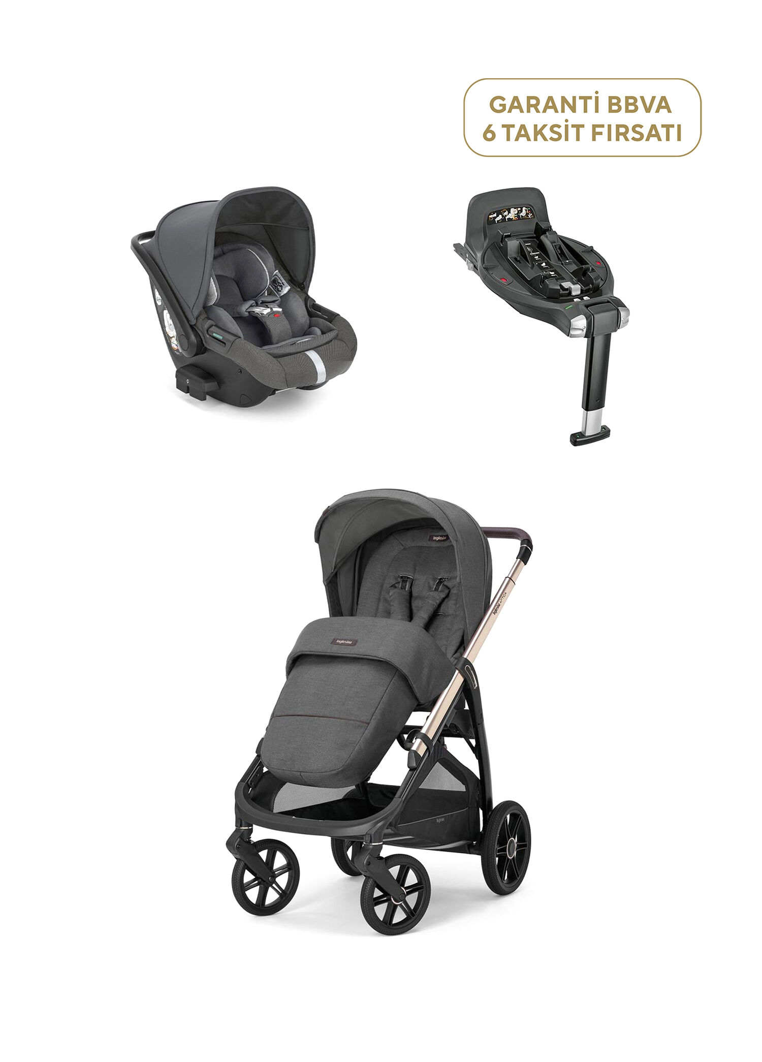 Aptica Glam Velvet Grey Tek Elle Katlanabilen Çift Yönlü Bebek Arabası + Yatabilen Ana Kucağı + Baza 3'lü Seyahat Sistem Bebek Arabası