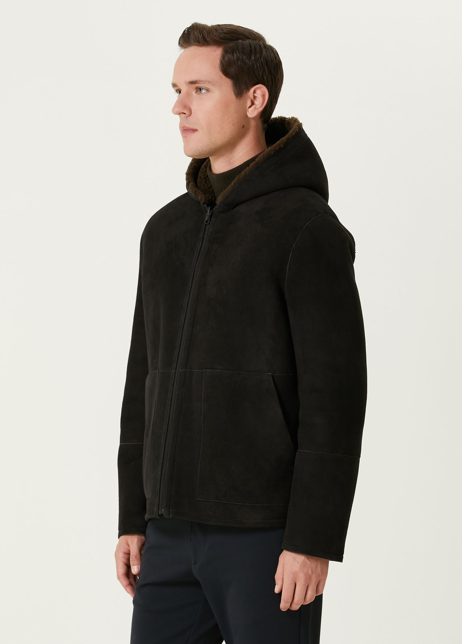 Koyu Haki Kapüşonlu Çift Taraflı Shearling Mont_4