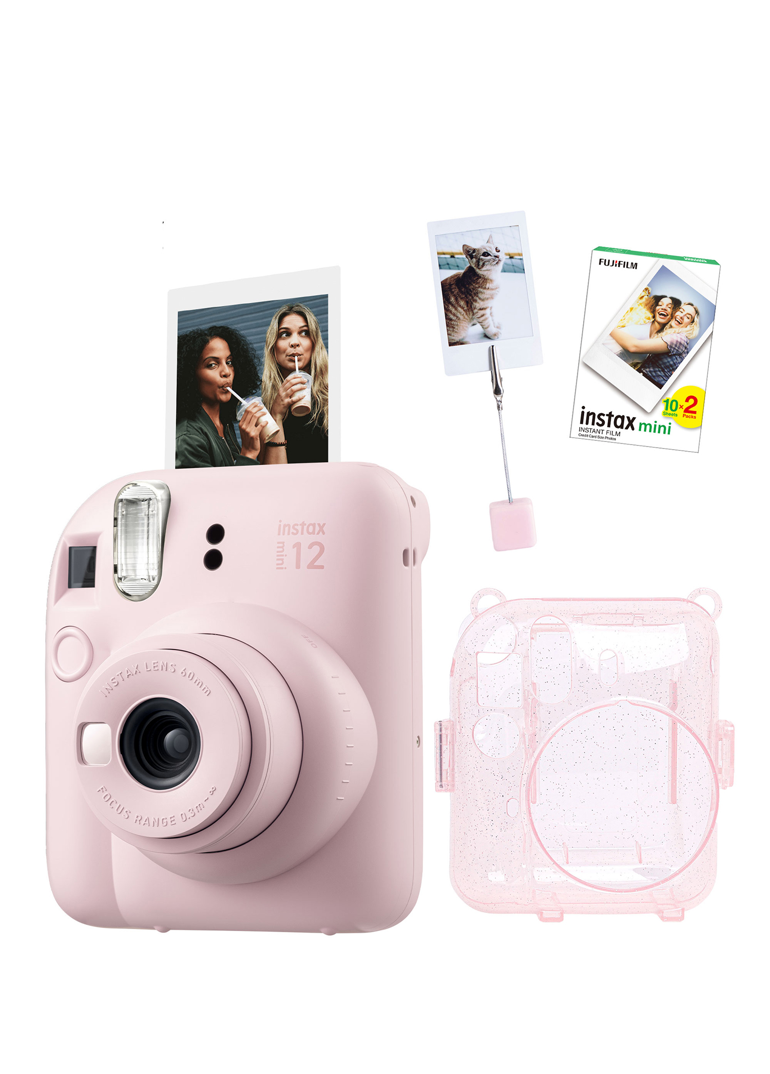 Instax Mini 12 Pembe Fotoğraf Makinesi + 20'li Film Kıskaçlı Resim Standı ve Simli Pleksi Kılıf Seti