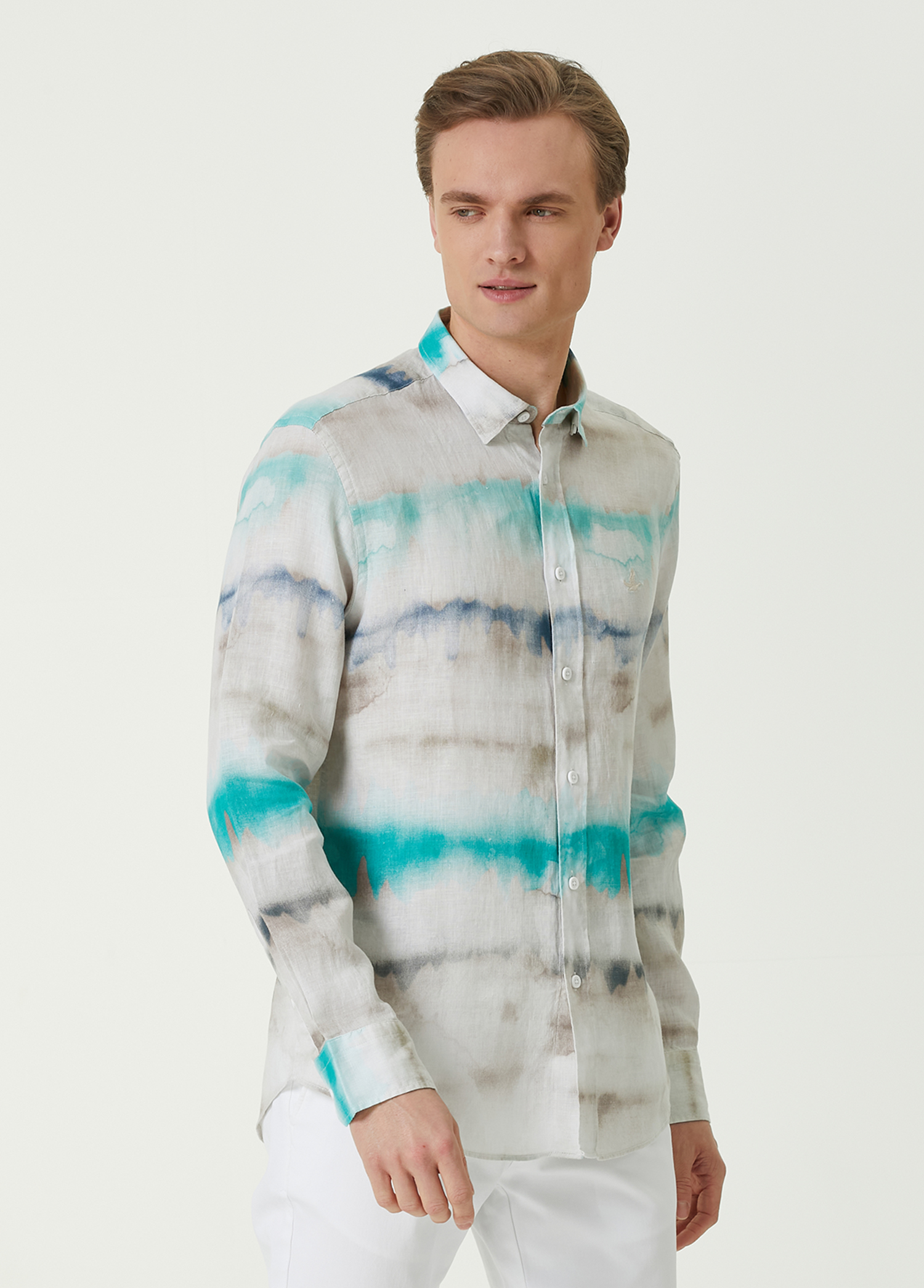 Comfort Fit Turkuaz Batik Desenli Keten Gömlek_2
