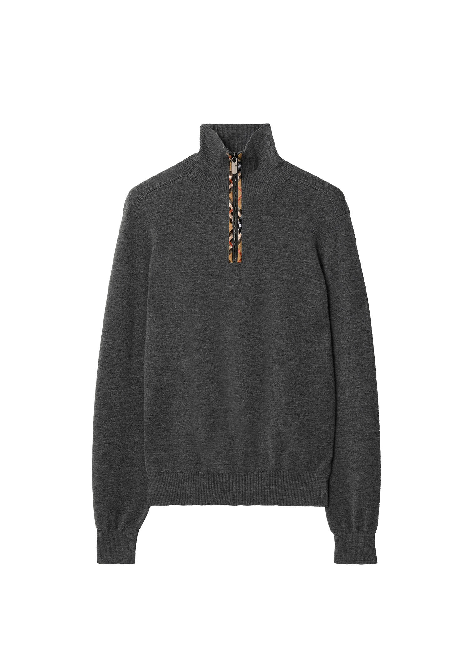 Check Trim Wool Half-Zip Gri Erkek Trıko Kazak