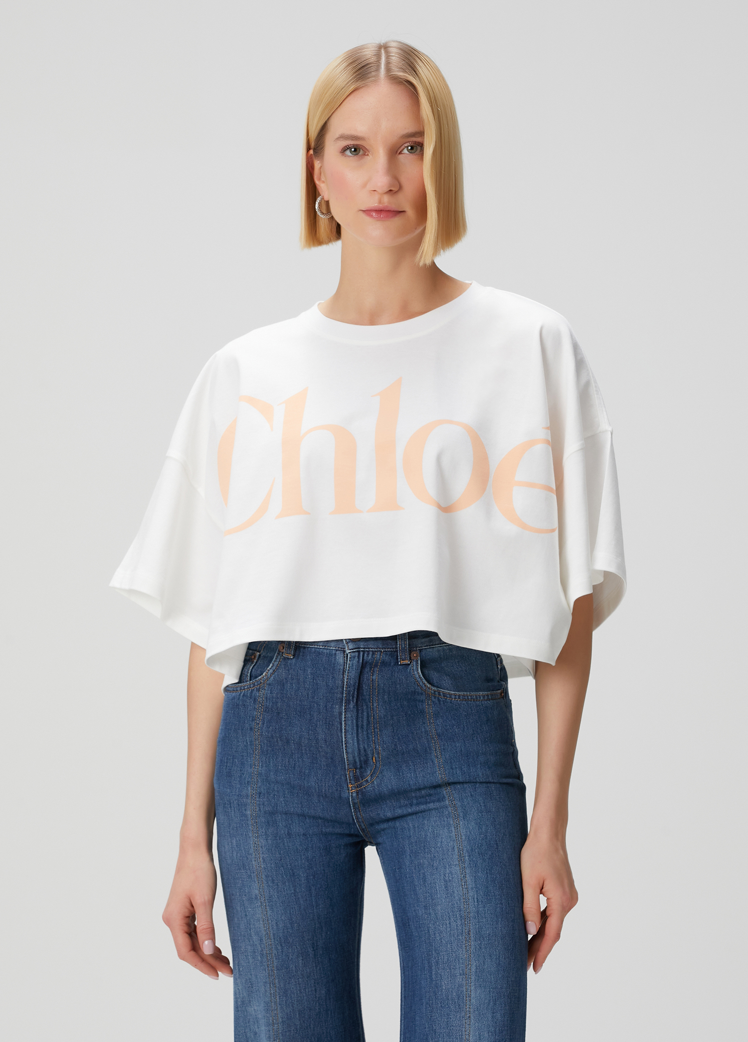 Chloe - White Logo Printed Crop T-Shirt