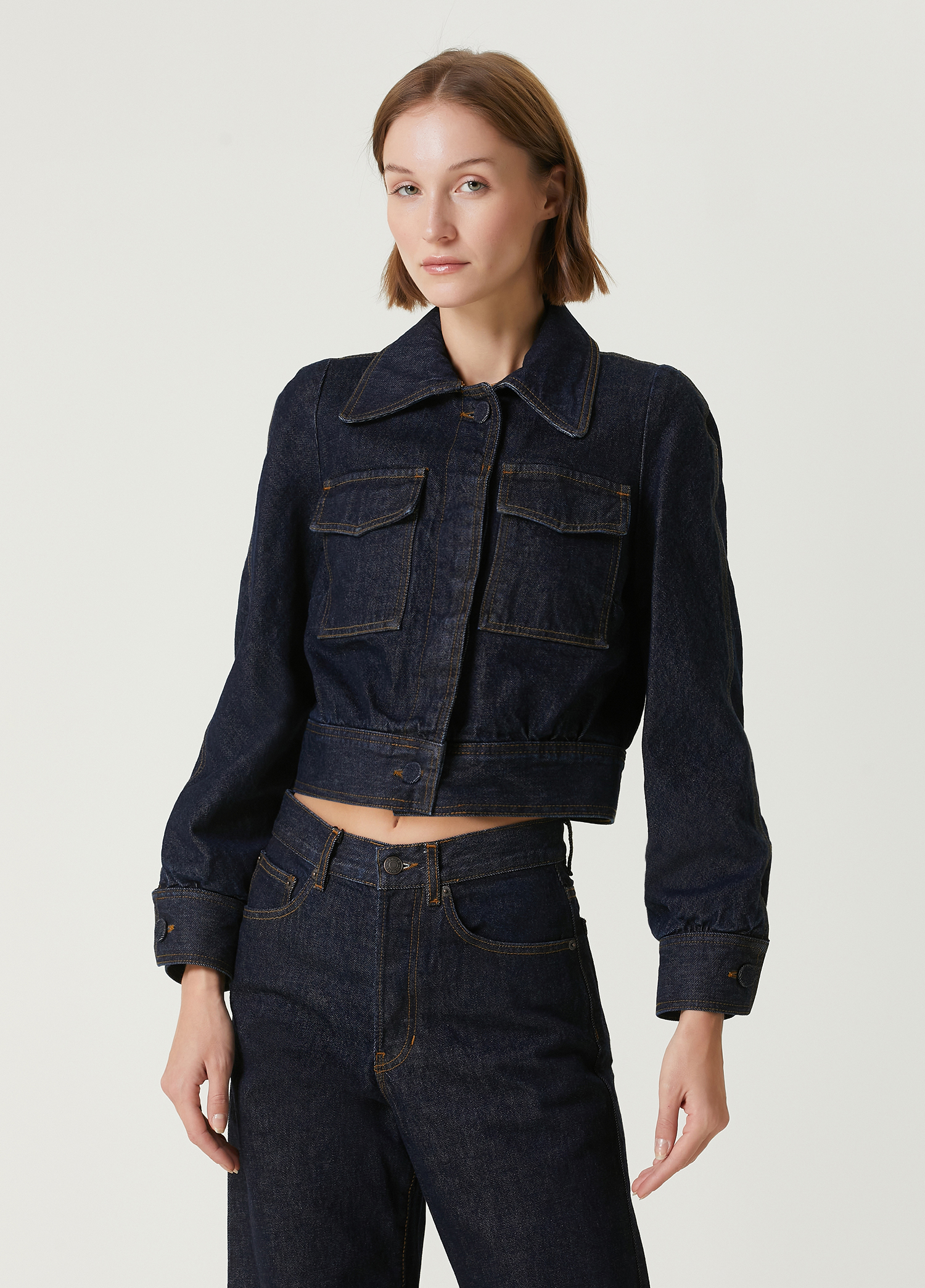 Lacivert Crop Denim Ceket