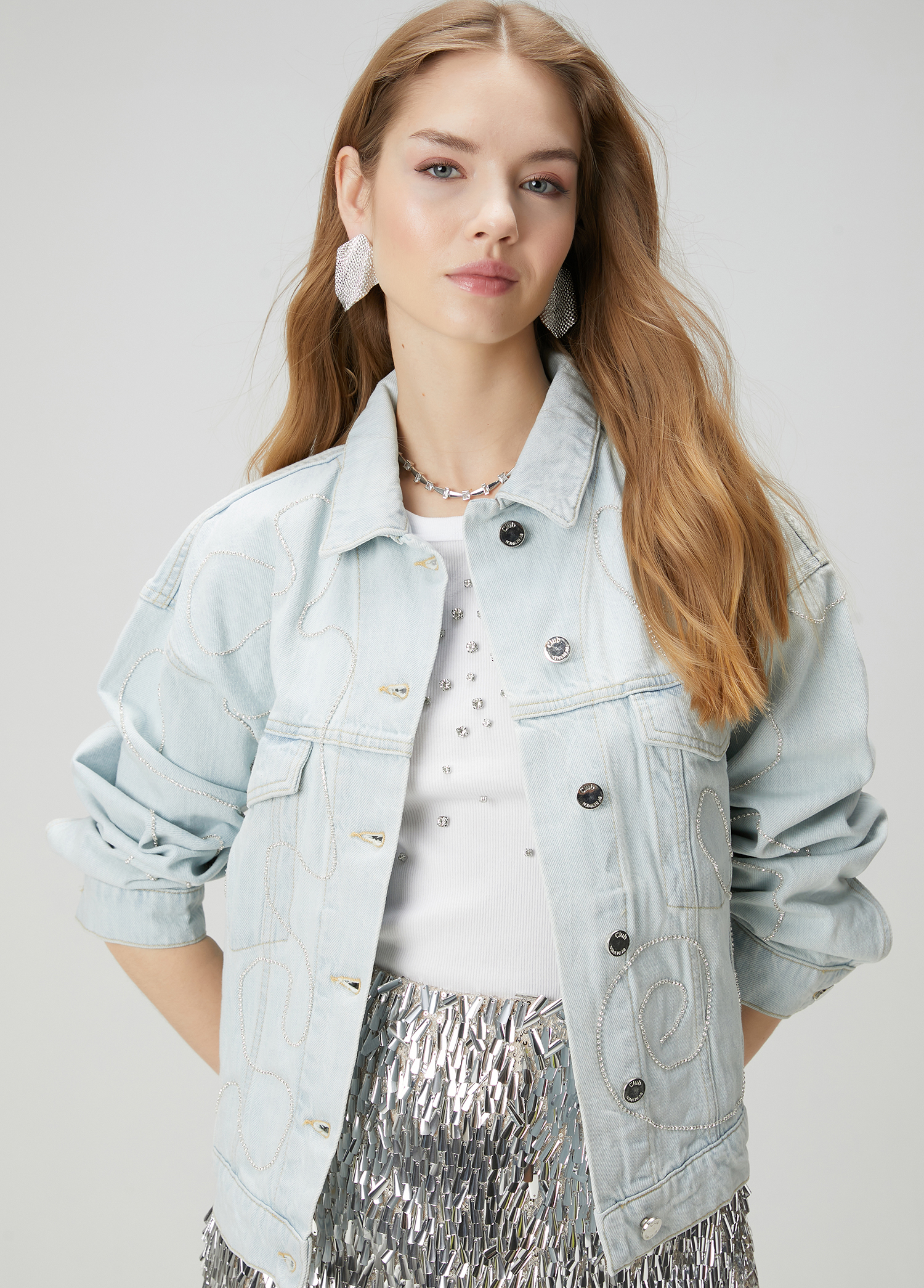 Oversize Açık Mavi Taşlı Denim Ceket
