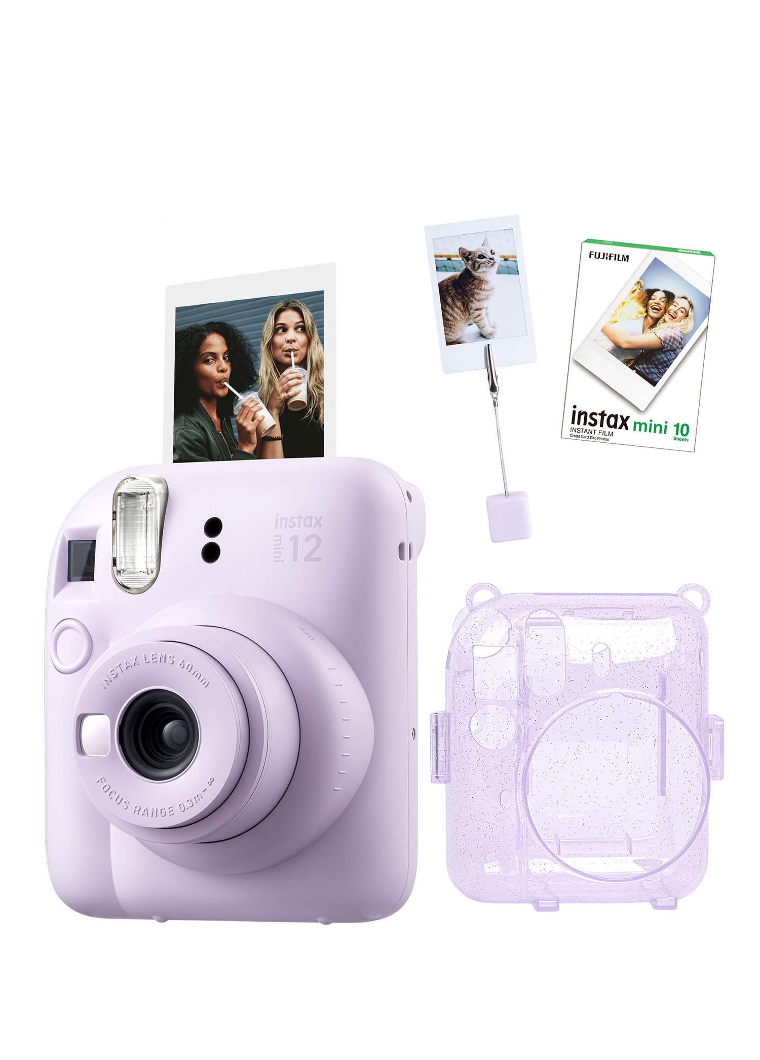 Instax Mini 12 Lila Fotoğraf Makinesi + 10'lu Film Kıskaçlı Resim Standı ve Simli Pleksi Kılıf Seti