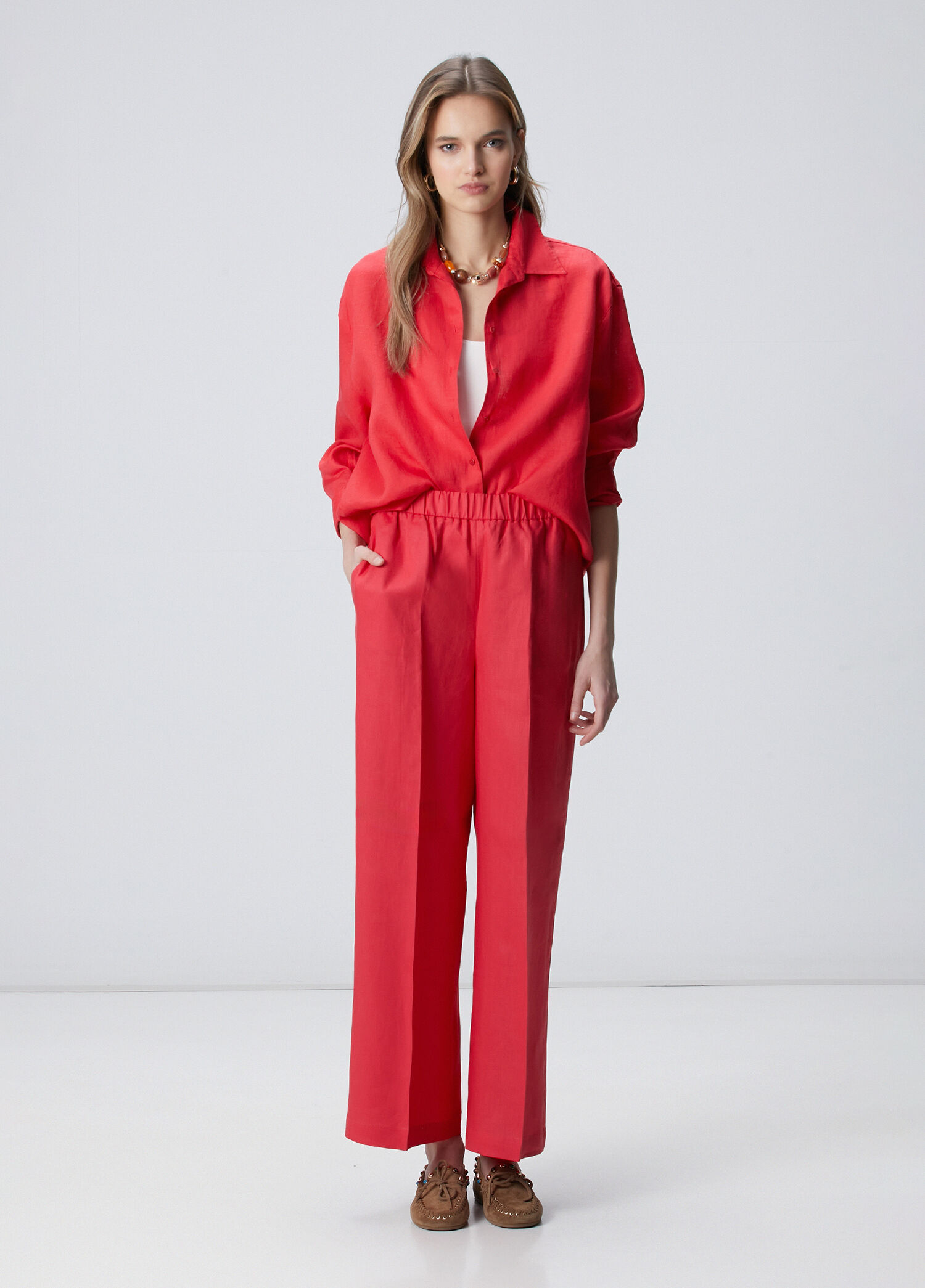 Red Linen Blend Trousers