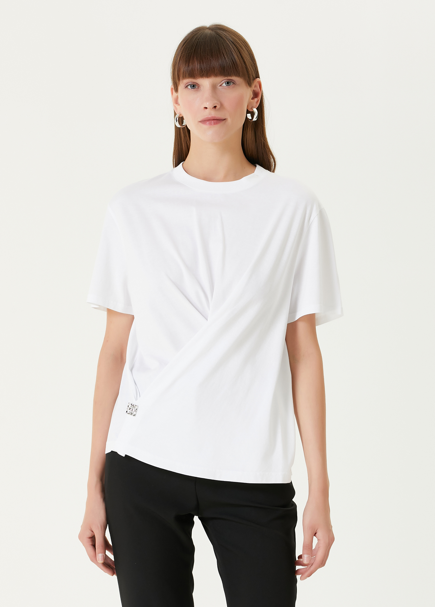 Beyaz Drape Detaylı T-shirt