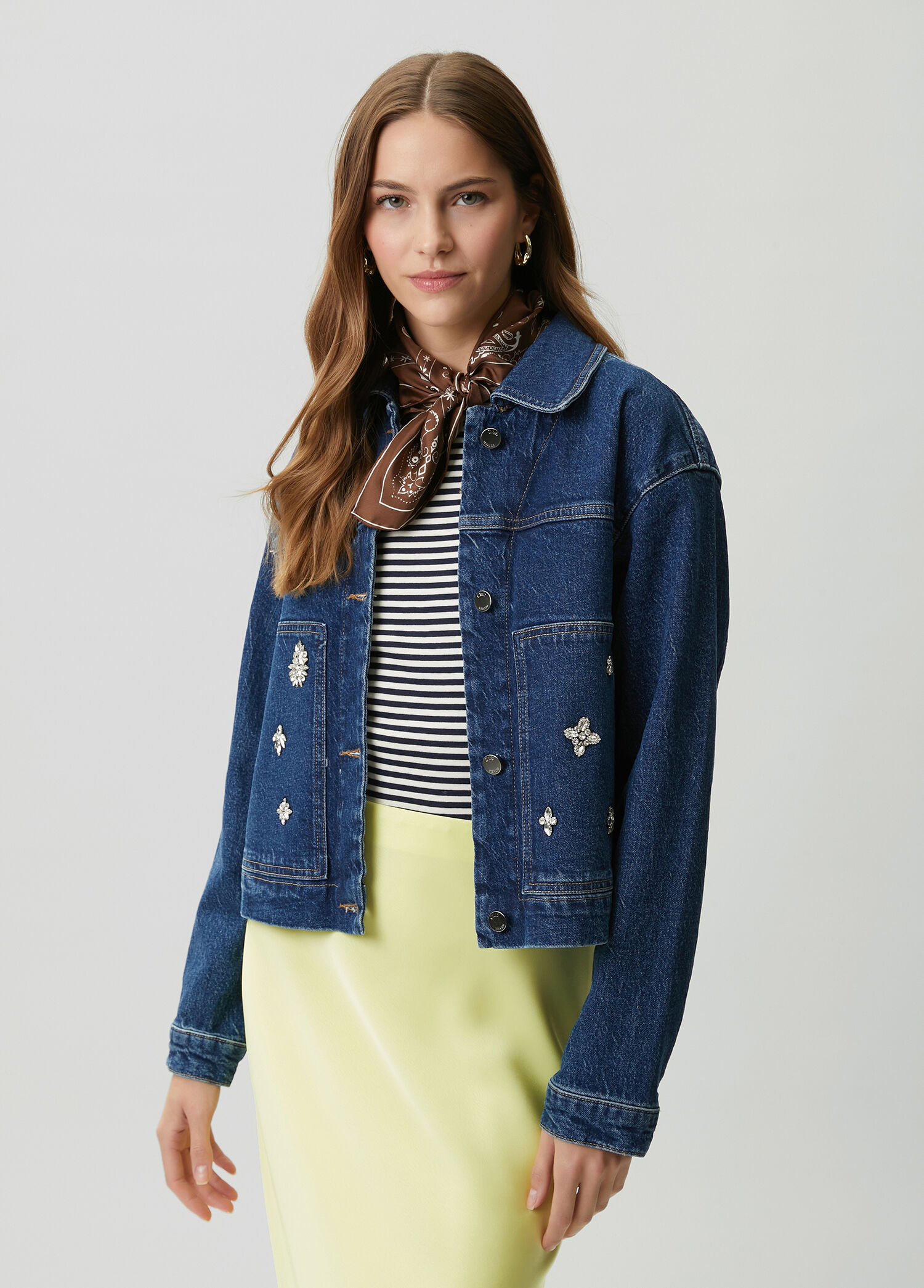 Indigo Taşlı Kutu Formlu Denim Ceket