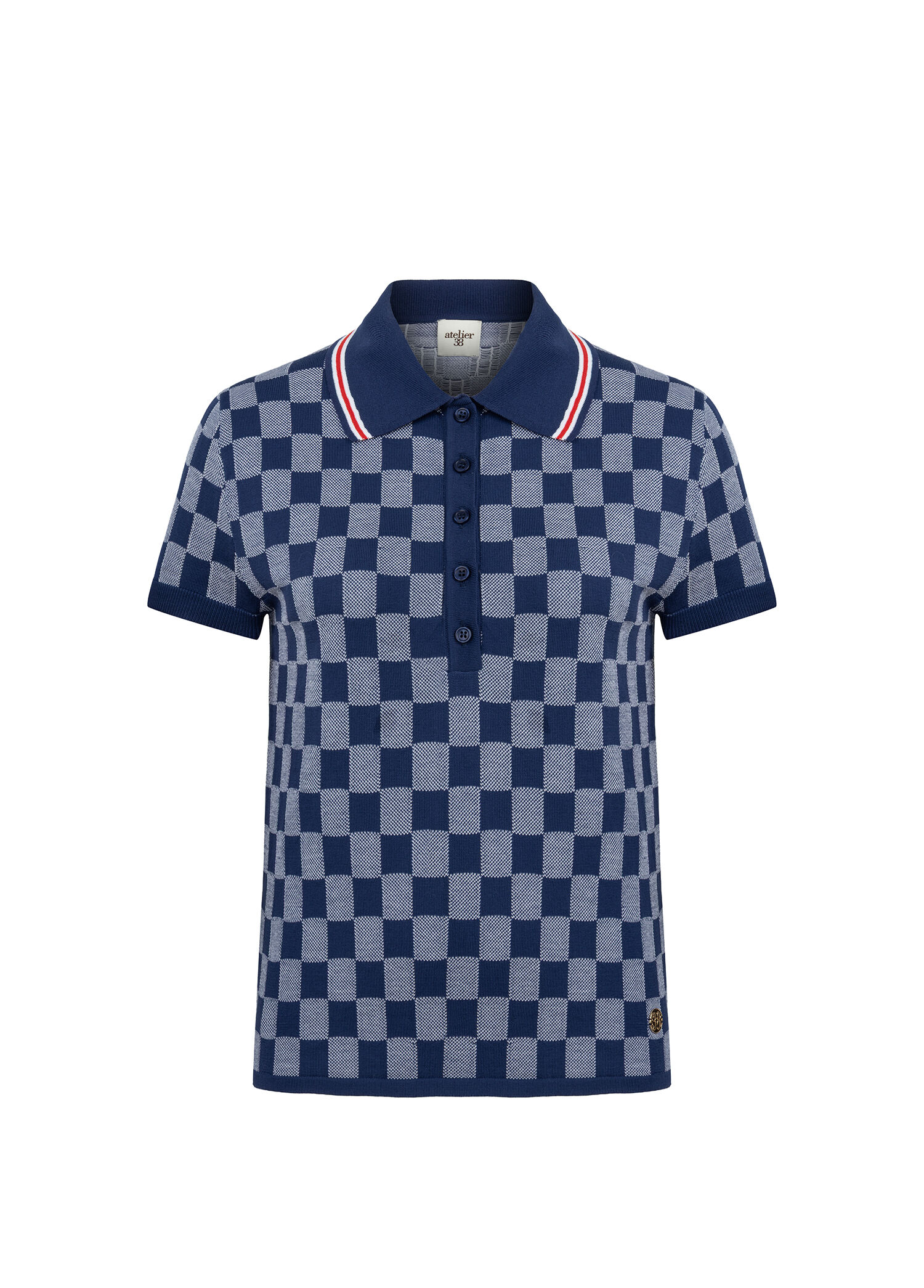 Friday Lacivert Kareli Polo Yaka Kısa Kollu Kadın T-shirt