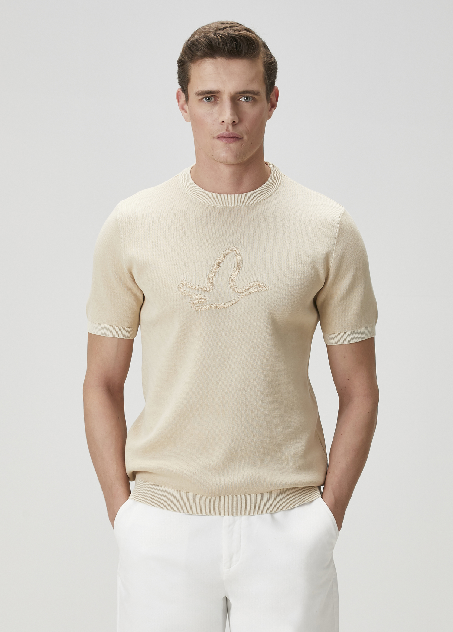 Beige Logo Jacquard Short Sleeve Sweater