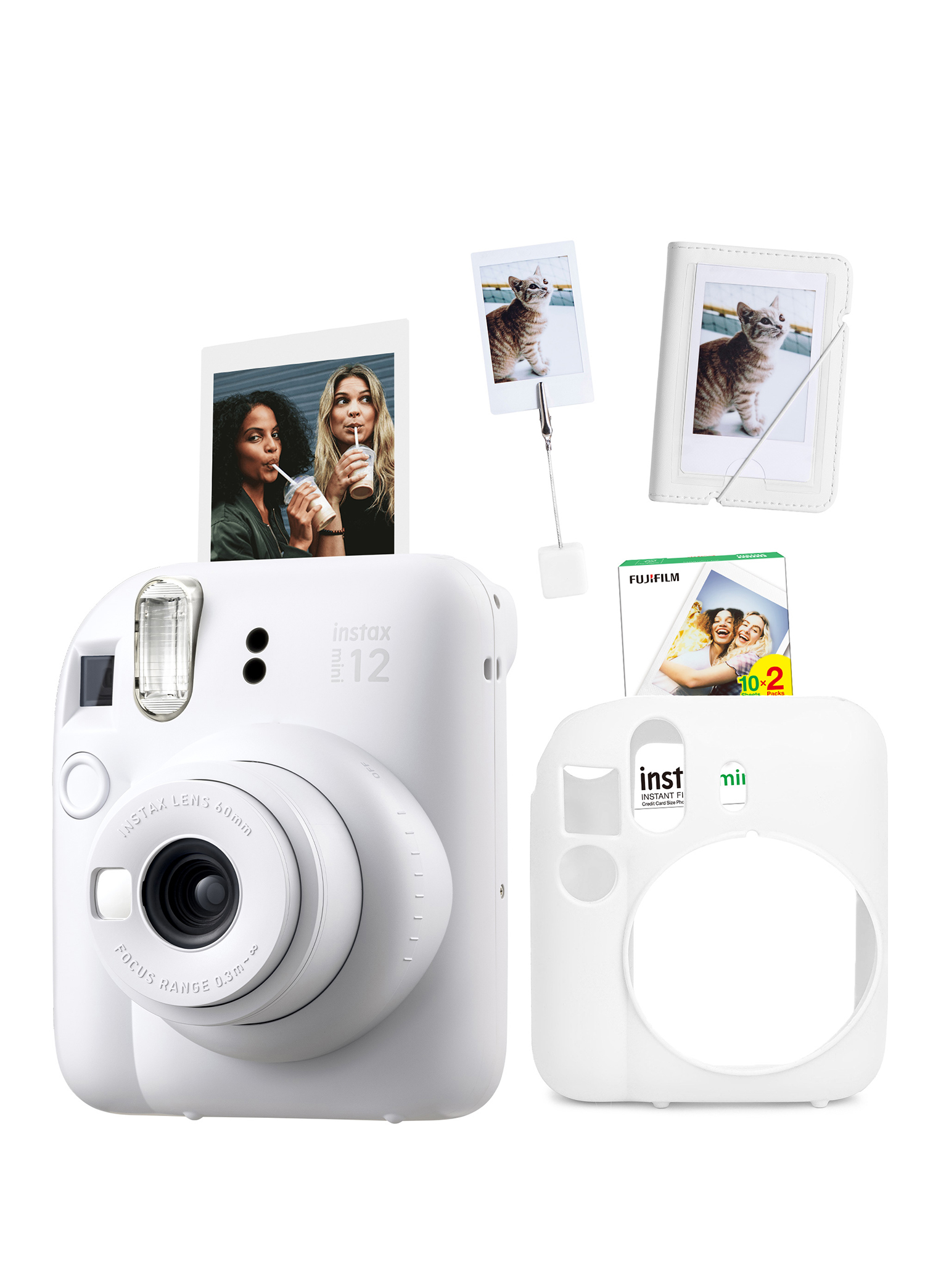 Instax Mini 12 Beyaz Fotoğraf Makinesi + 20'li Film Kıskaçlı Stand Mini Albüm ve Silikon Kılıf Seti