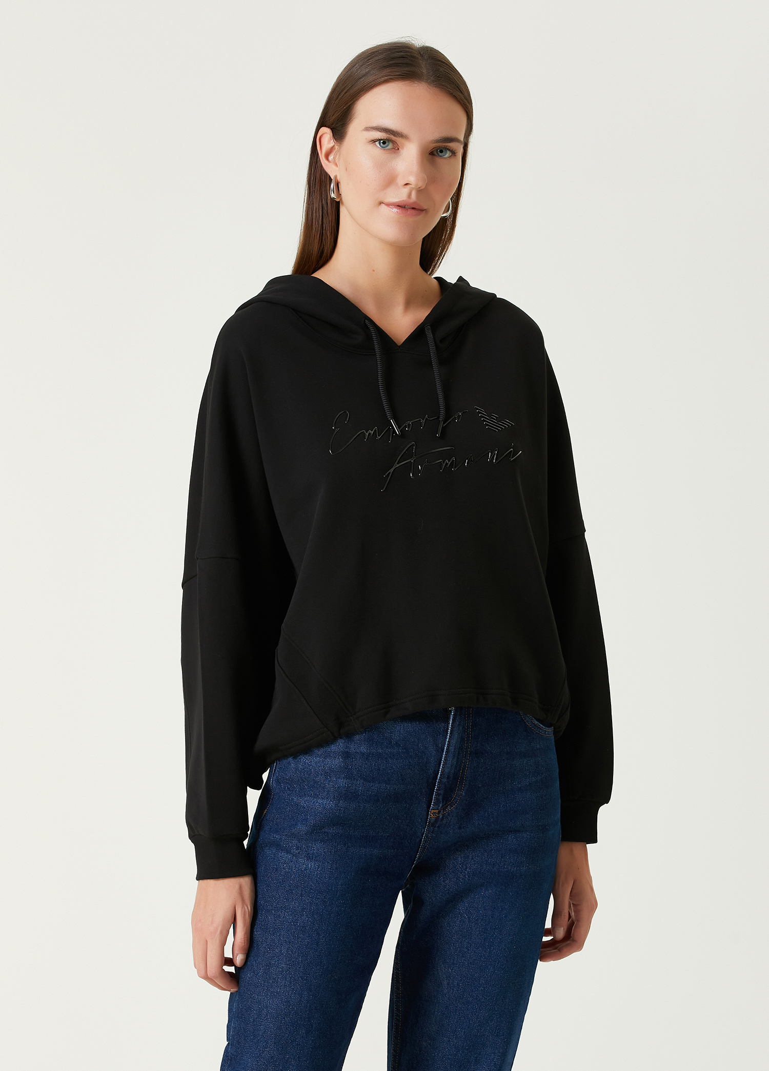 Siyah Kapüşonlu Logolu Sweatshirt