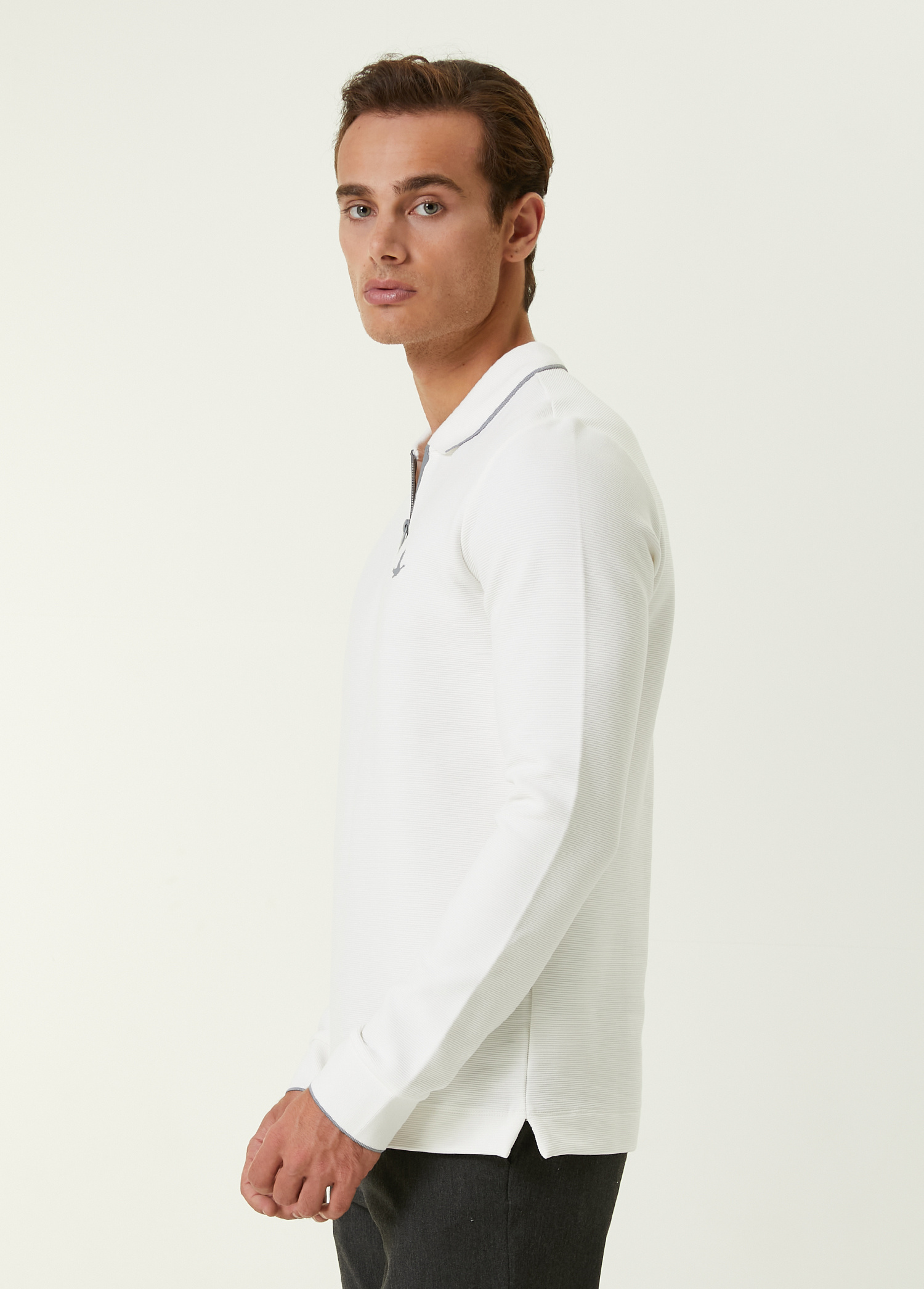 Slim Fit Ekru Polo Yaka Ottoman Dokulu Sweatshirt_2
