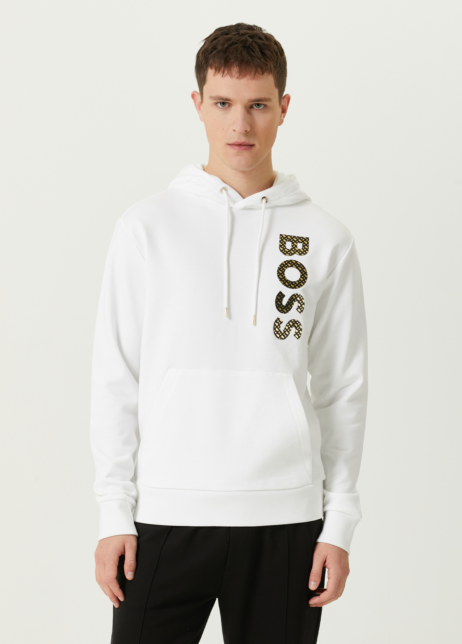Boss Beyaz Kapüşonlu Logolu Sweatshirt