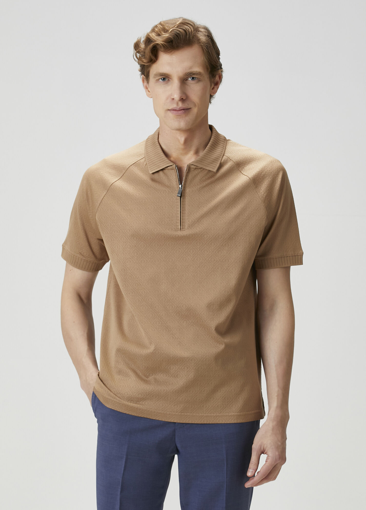 Açık Kahverengi Polo Yaka Jakarlı T-shirt