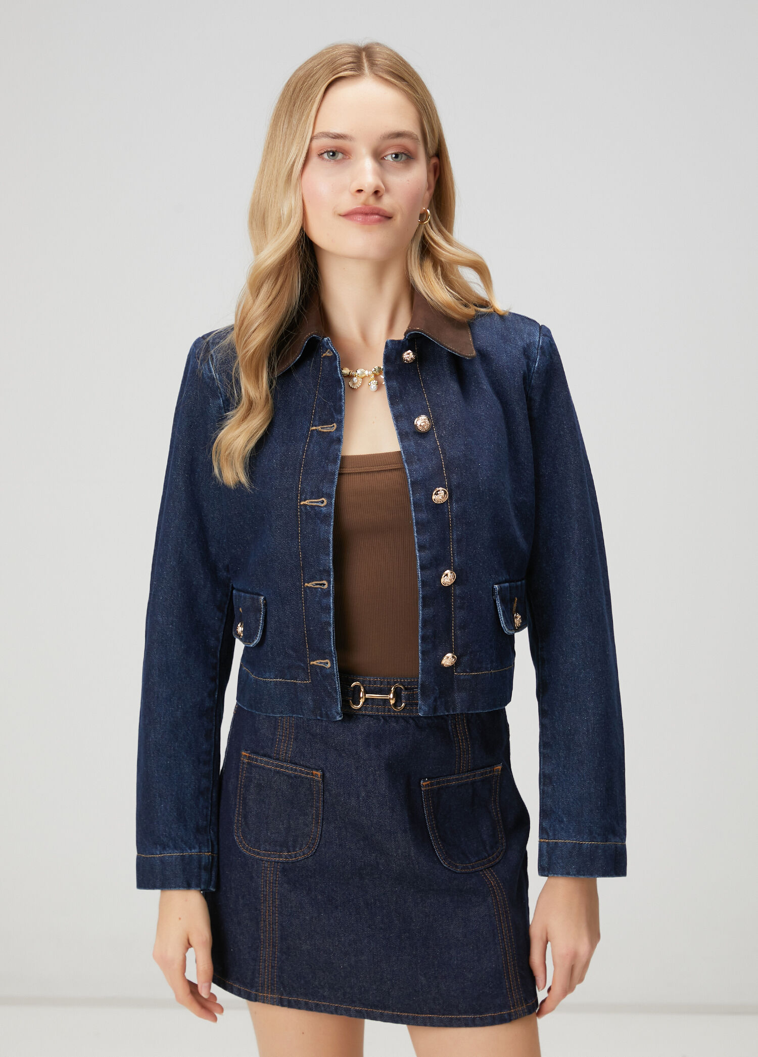 İndigo Süet Yaka Kutu Formlu Denim Ceket