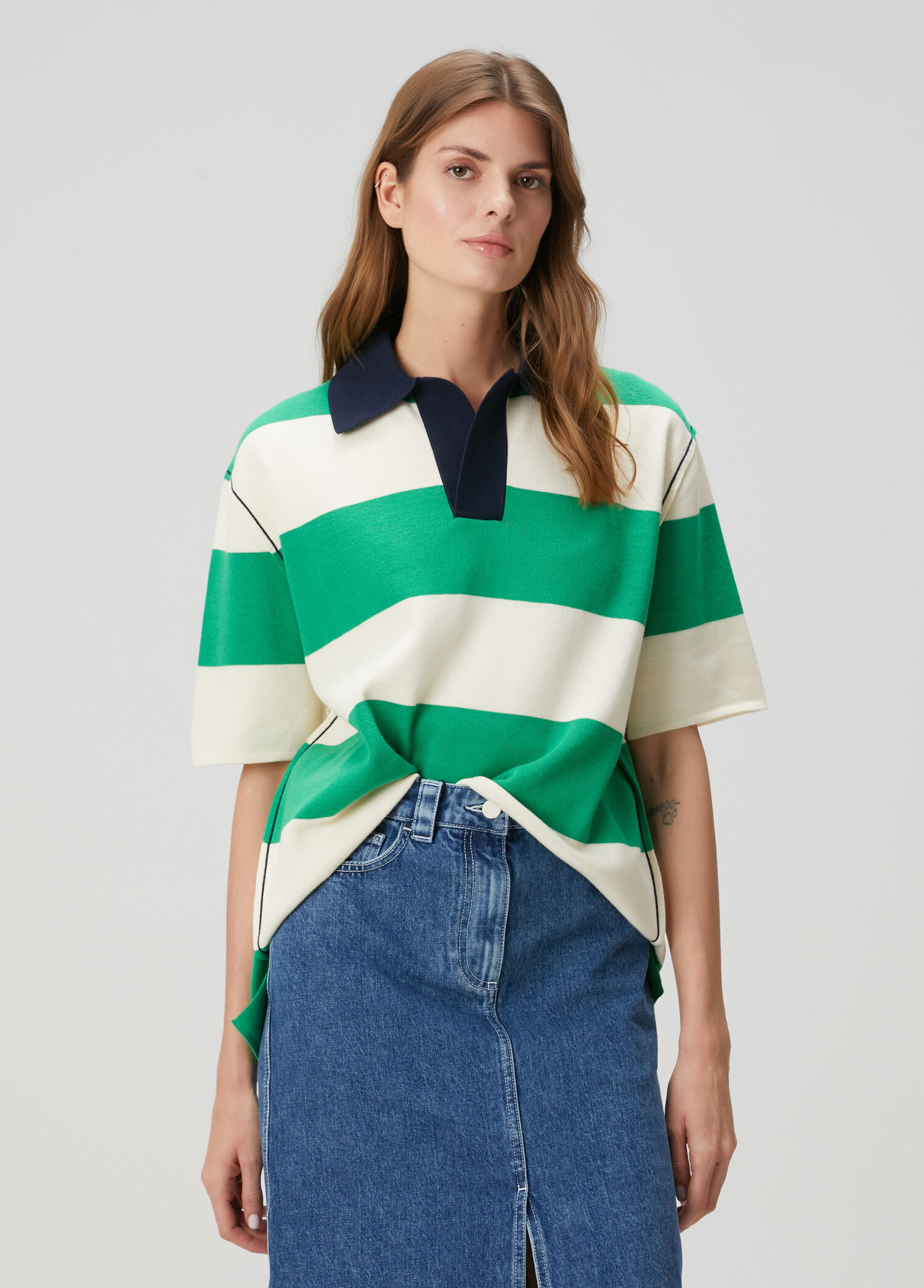 Yeşil Ekru Çizgili Polo T-shirt