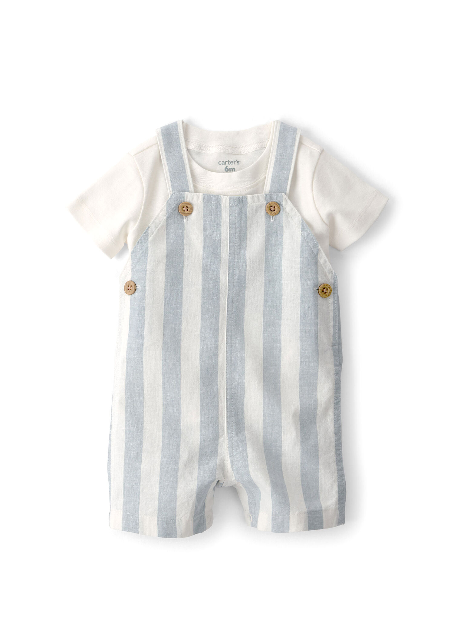 Mavi Ekru Çizgili Salopet Kısa Kollu T-shirt Erkek Bebek 2'li Set
