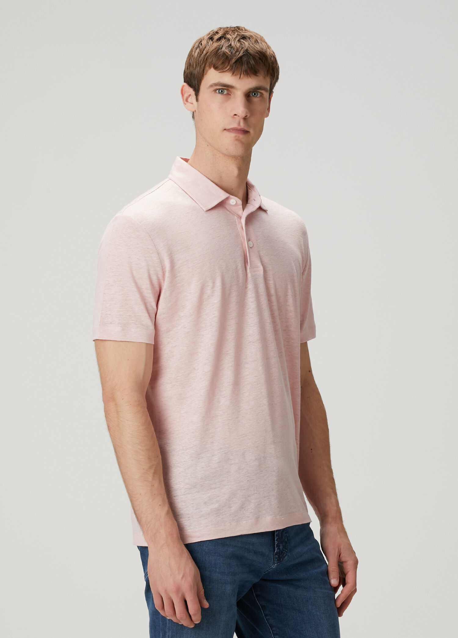Açık Pembe Polo Yaka Keten T-shirt