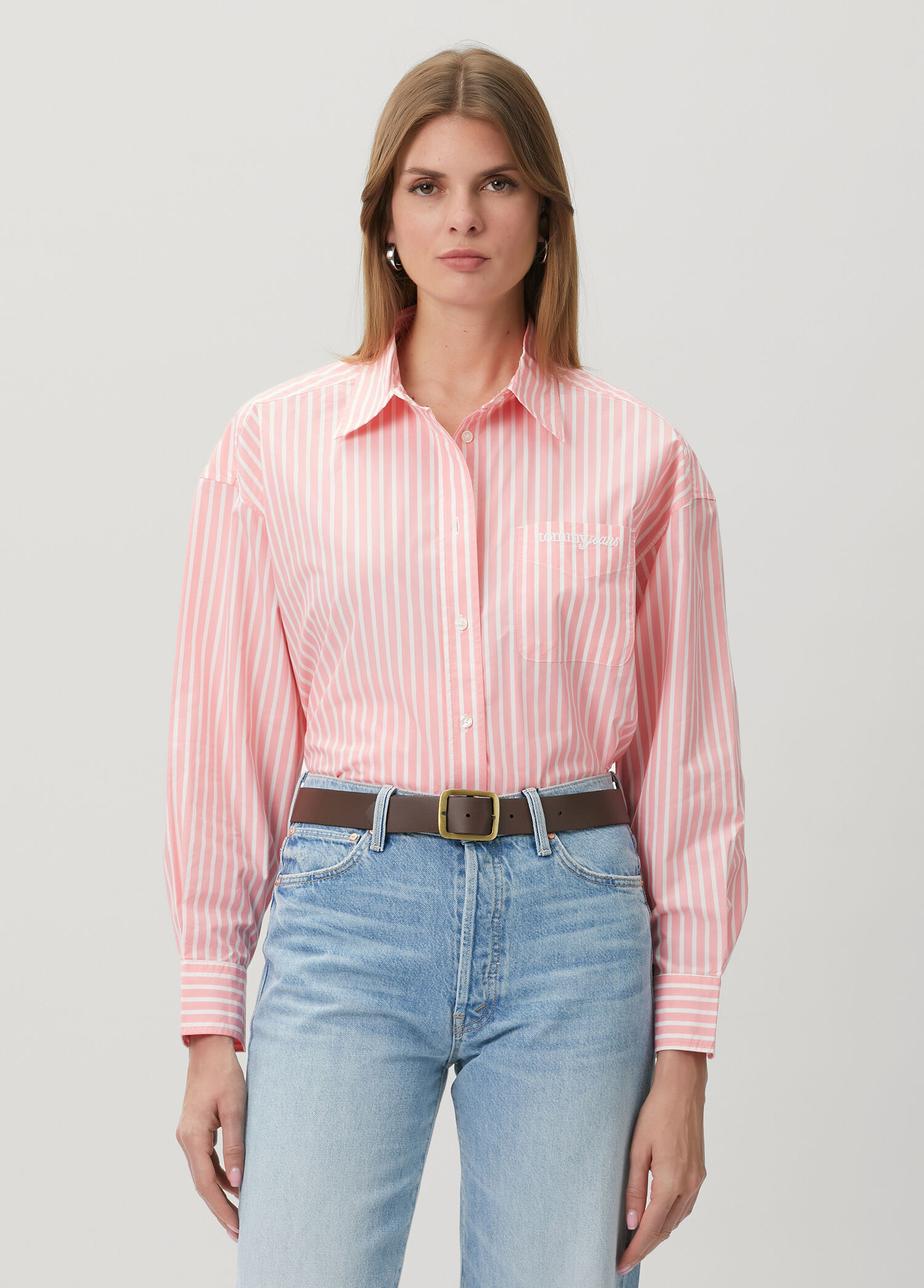 Pembe Çizgili Oversize Poplin Gömlek