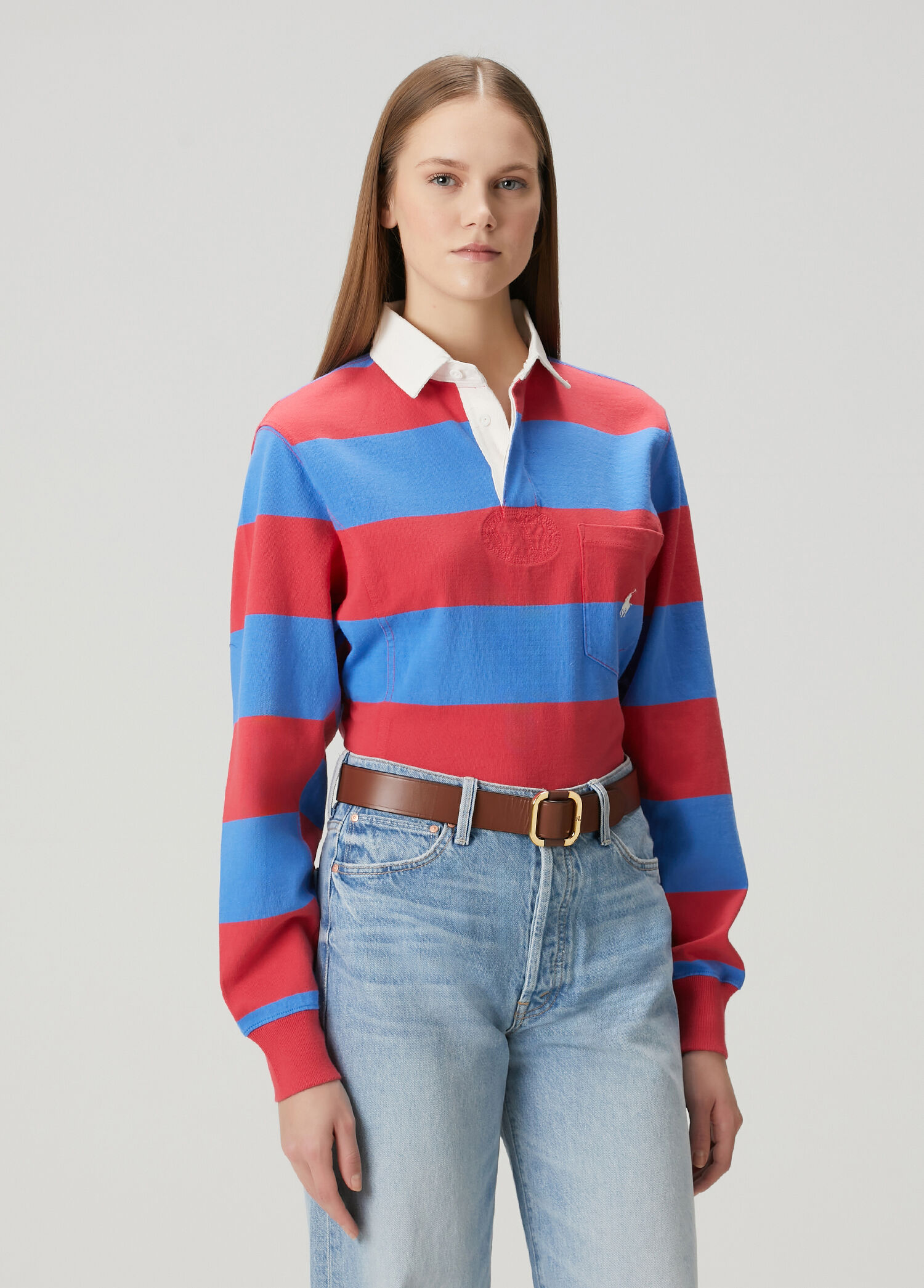 Mavi Kırmızı Çizgili Polo Sweatshirt