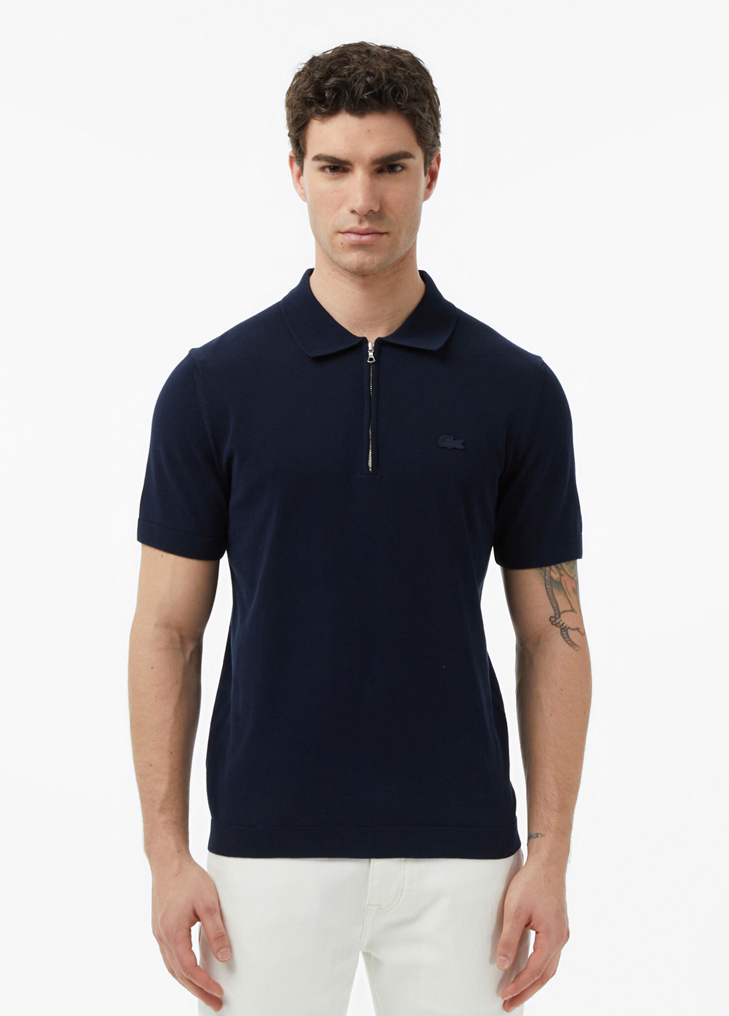 Lacivert Classic Fit Polo Yaka Fermuarlı Kısa Kollu Erkek Triko Kazak