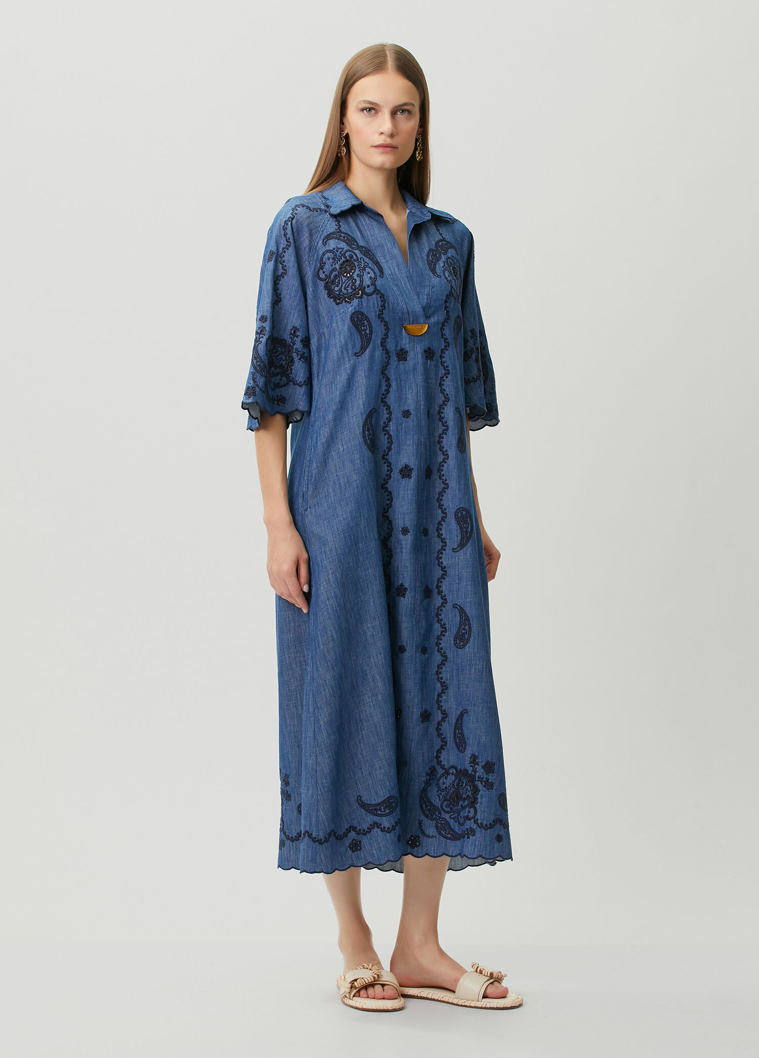 Zimmermann Mavi Kadın Aster Mavi Nakışlı Midi Denim Elbise 1996568