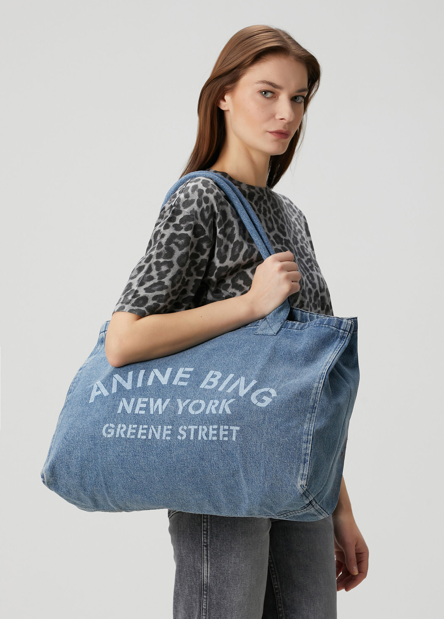 Anine Bing Mavi Kadın Leo Tote Siyah Kadın Denim Alışveriş Çantası