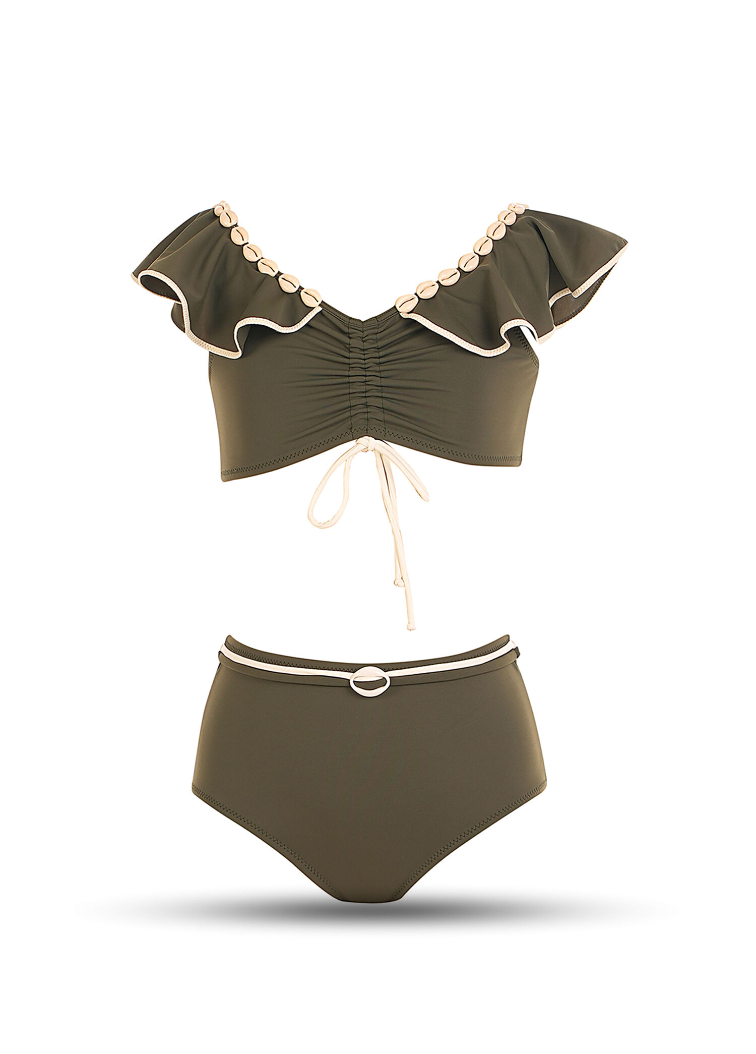 Yeşil Büzgülü Fırfır ve Midye Detaylı V Yaka Kız Çocuk Bikini Takımı