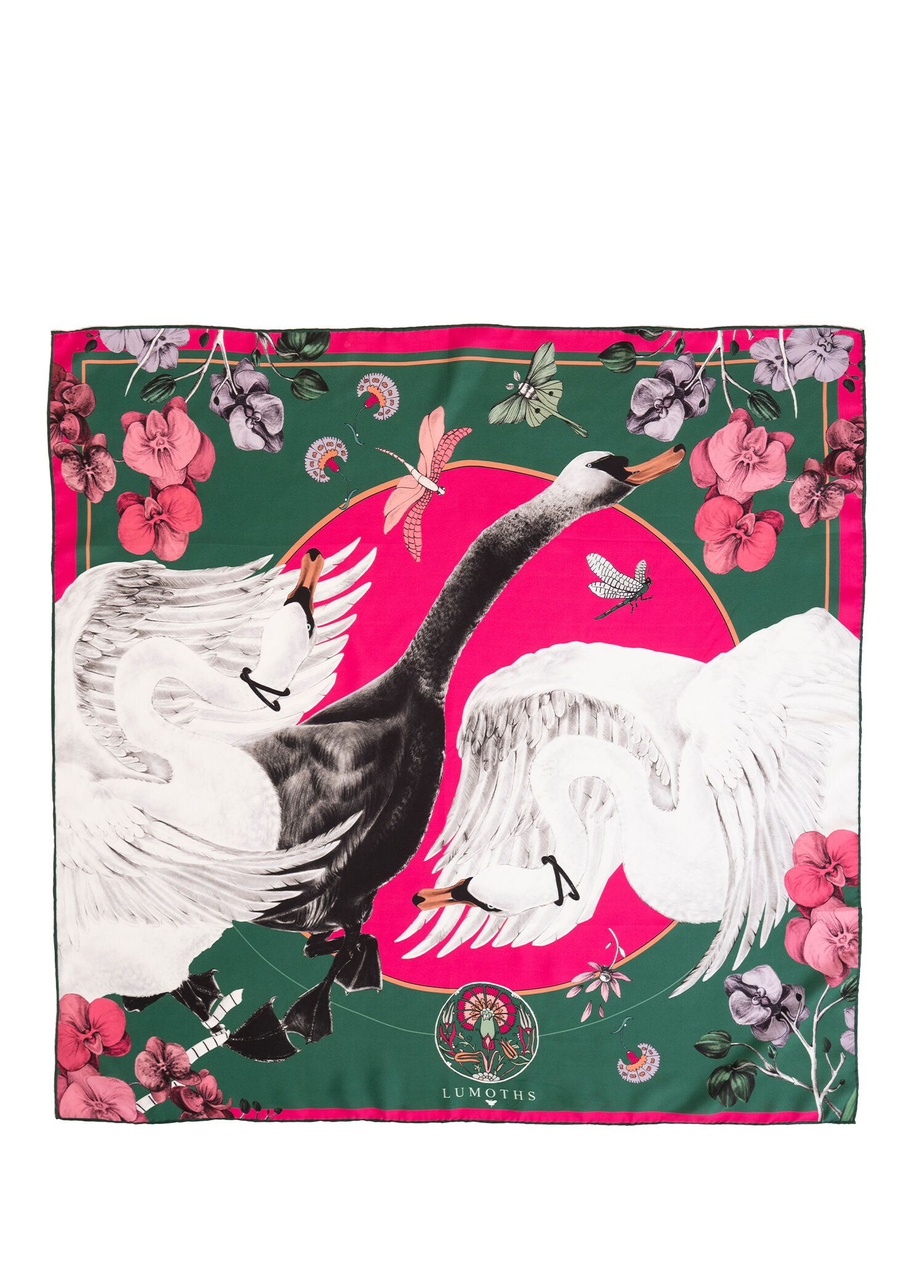 Cabala Kuğular ve Orkideler Orman Yeşili İpek Twill Kadın Fular 53 cm